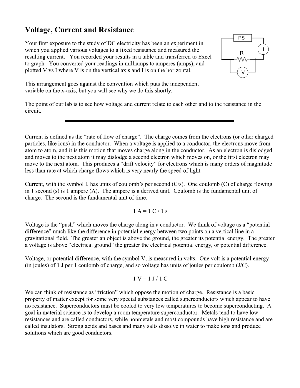 Voltage, Current and Resistance