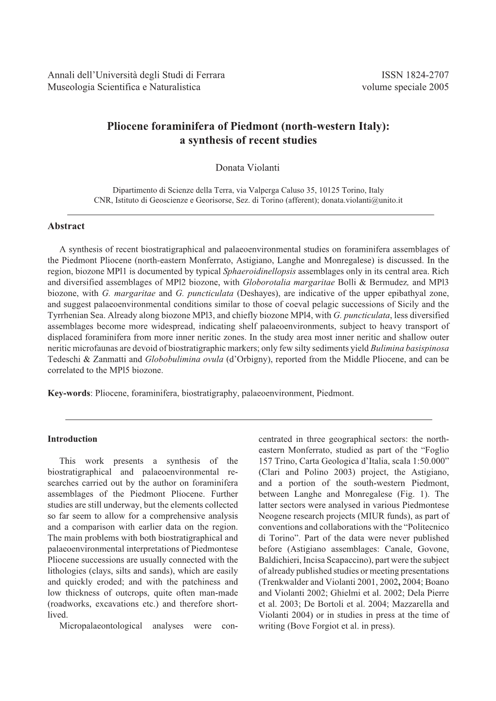 Pliocene Foraminifera of Piedmont (North-Western Italy): a Synthesis of Recent Studies