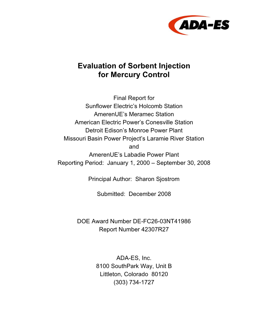 Evaluation of Sorbent Injection for Mercury Control