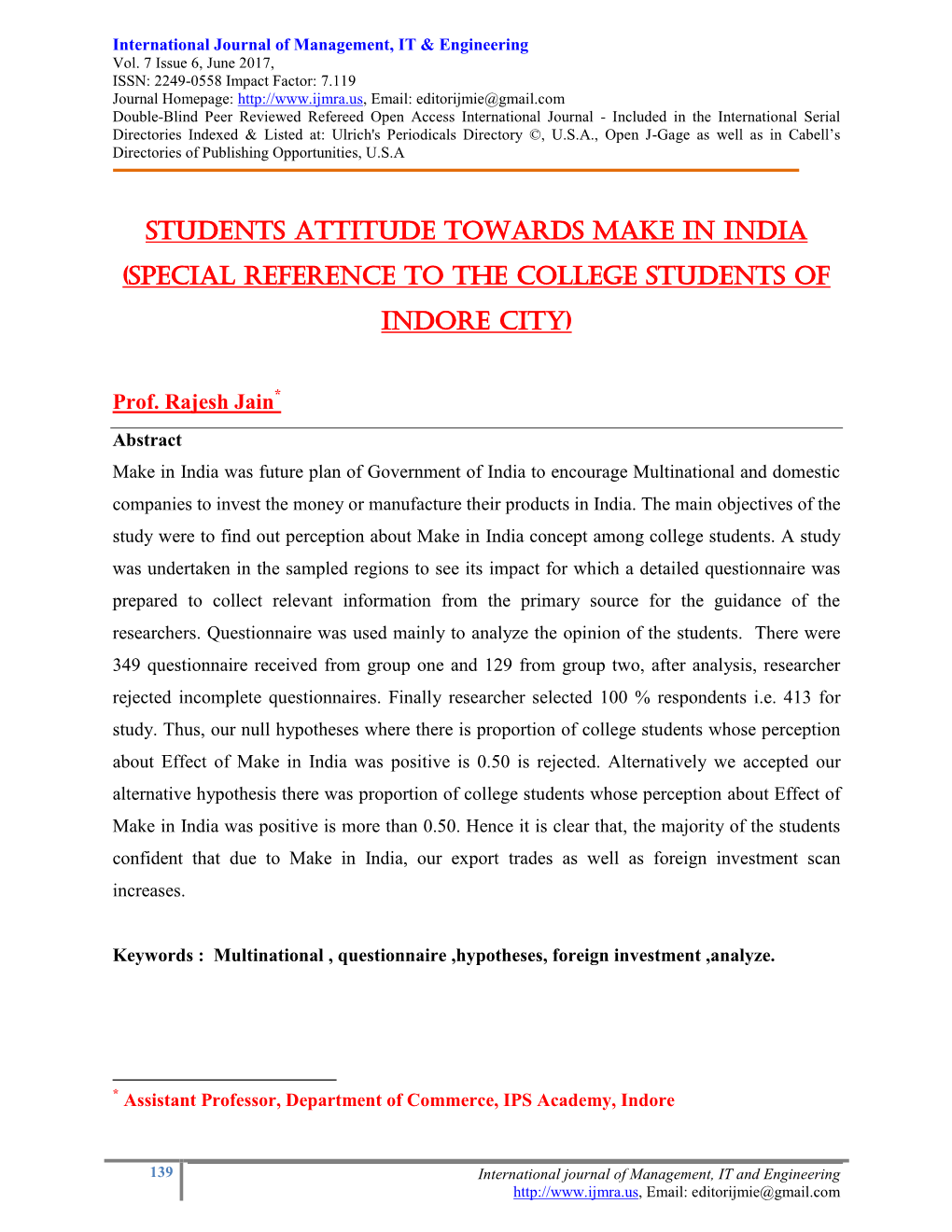 Students Attitude Towards Make in India (Special Reference to the College Students of Indore City)