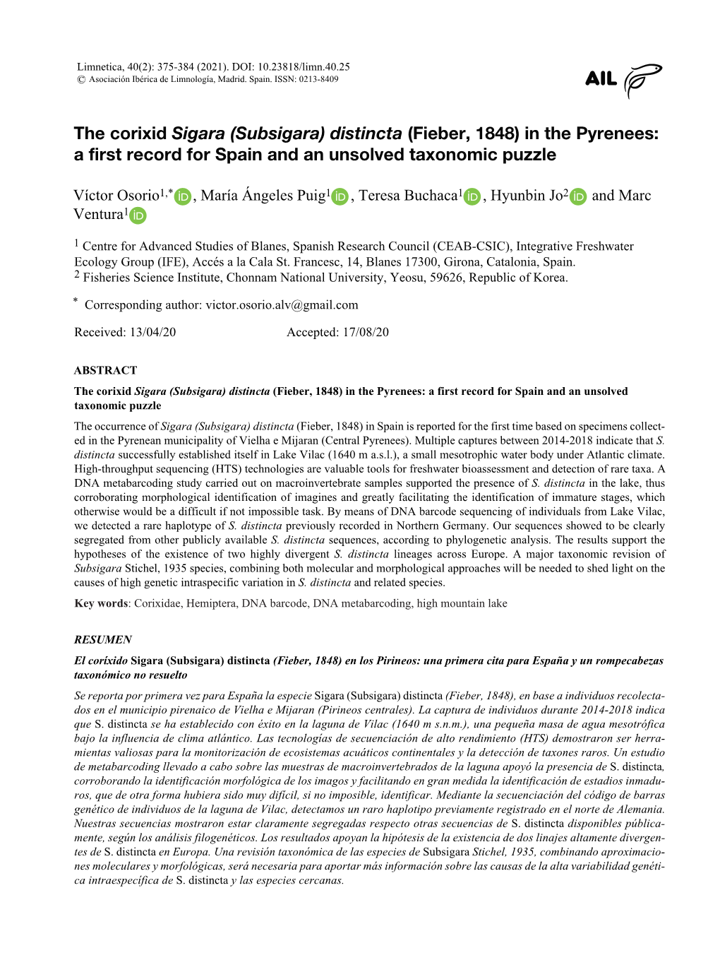 (Subsigara) Distincta (Fieber, 1848) in the Pyrenees: a First Record for Spain and an Unsolved Taxonomic Puzzle