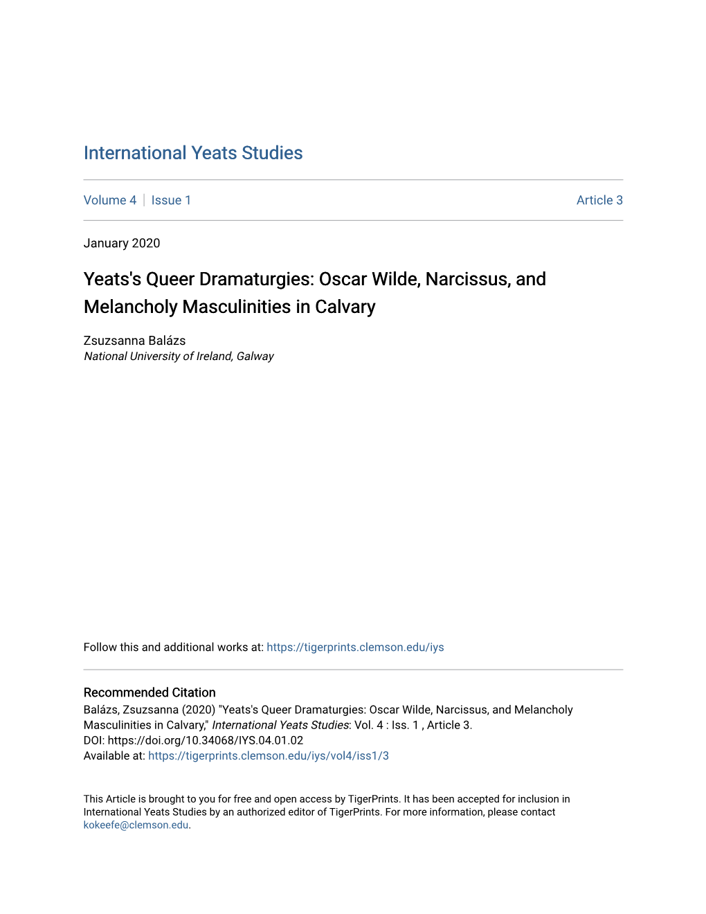 Yeats's Queer Dramaturgies: Oscar Wilde, Narcissus, and Melancholy Masculinities in Calvary