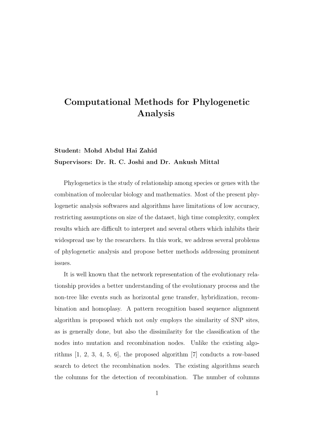 Computational Methods for Phylogenetic Analysis