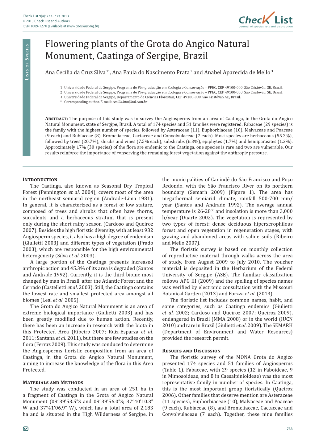 Chec List Flowering Plants of the Grota Do Angico Natural Monument
