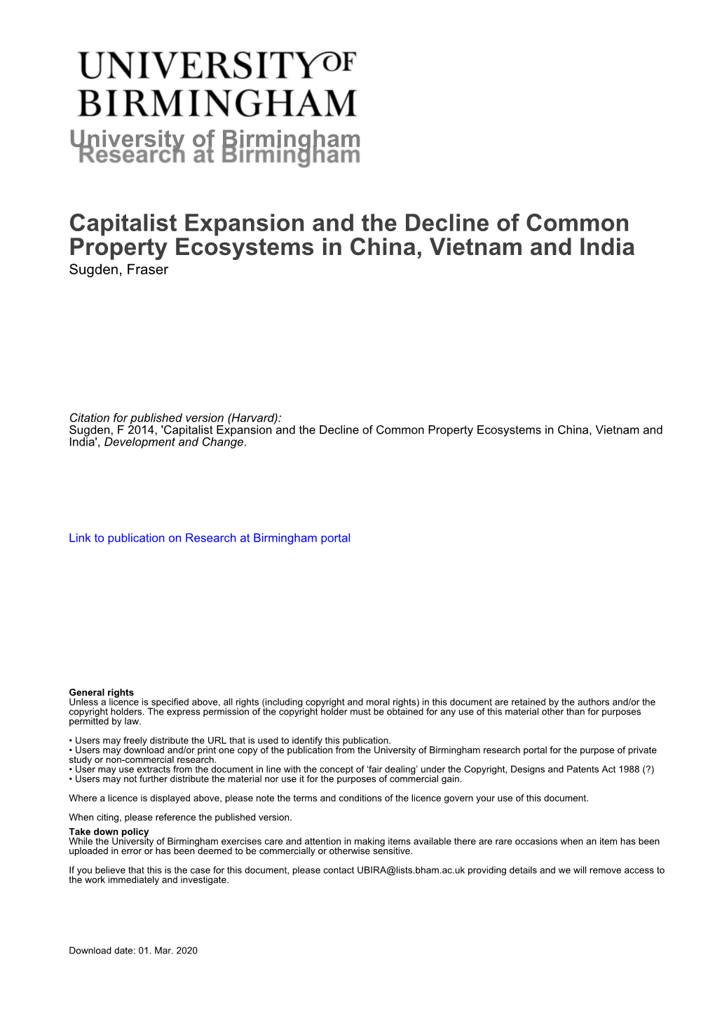 University of Birmingham Capitalist Expansion and the Decline Of