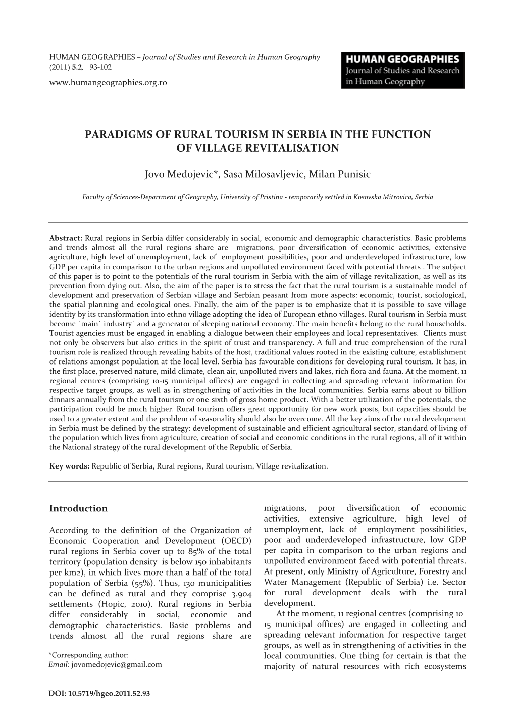 Paradigms of Rural Tourism in Serbia in the Function of Village Revitalisation