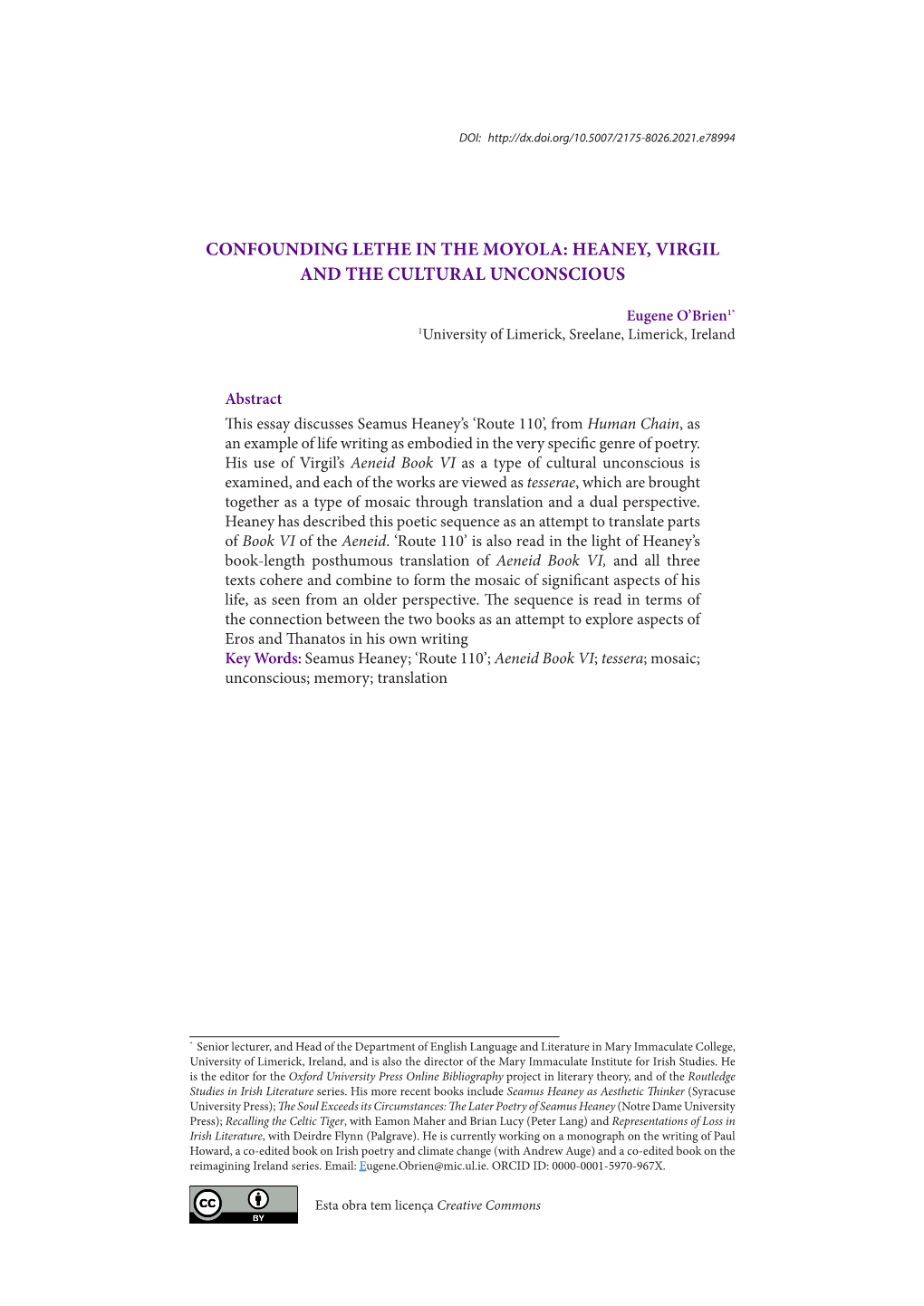 Confounding Lethe in the Moyola: Heaney, Virgil and the Cultural Unconscious