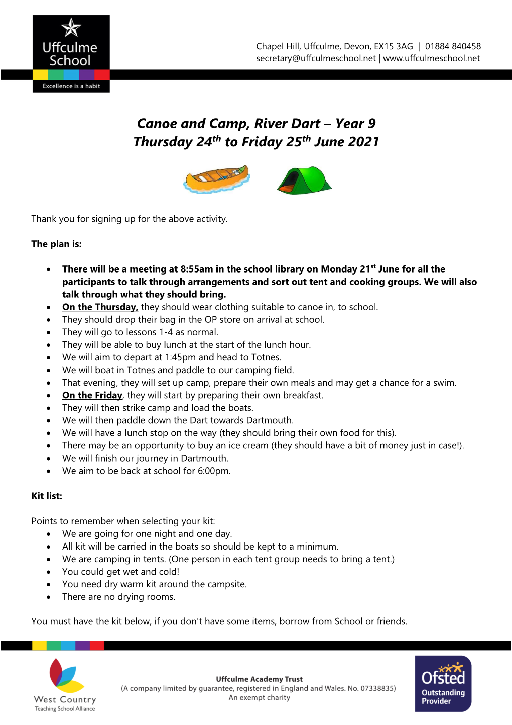 Canoe and Camp, River Dart – Year 9 Thursday 24Th to Friday 25Th June 2021