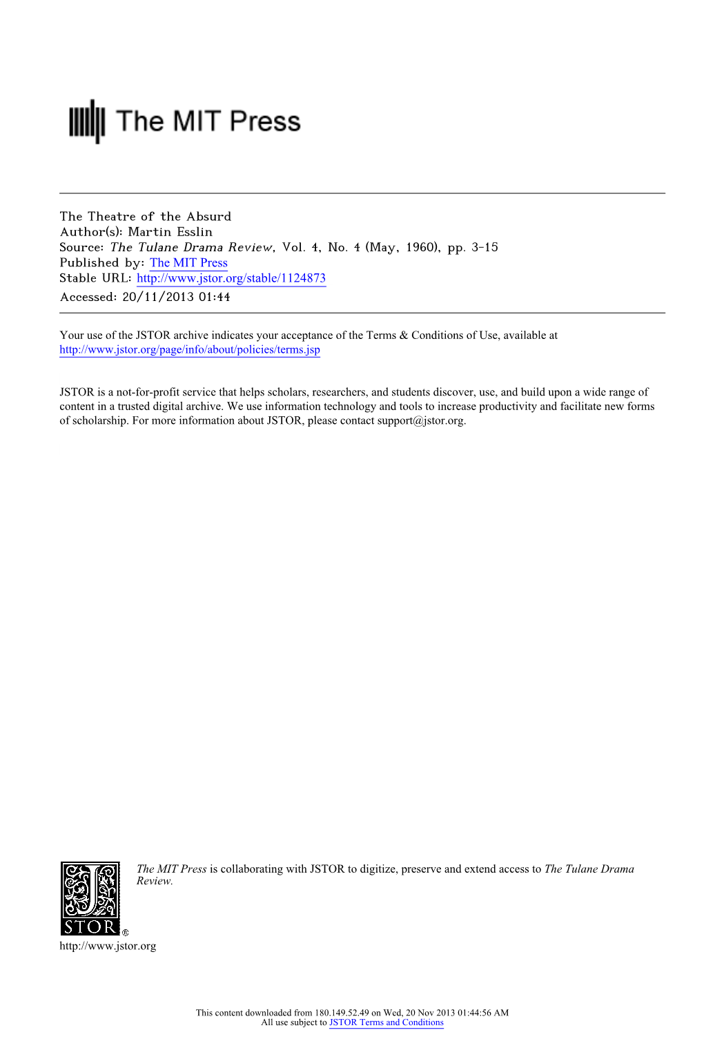 The Theatre of the Absurd Author(S): Martin Esslin Source: the Tulane Drama Review, Vol