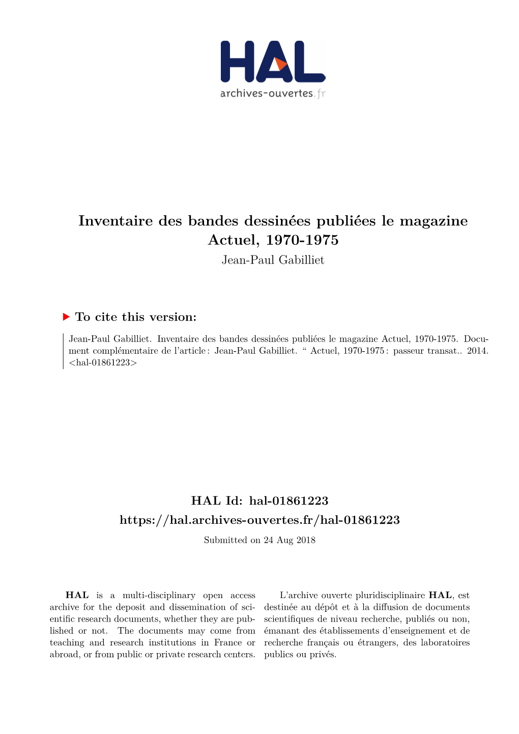 Inventaire Des Bandes Dessinées Publiées Le Magazine Actuel, 1970-1975 Jean-Paul Gabilliet