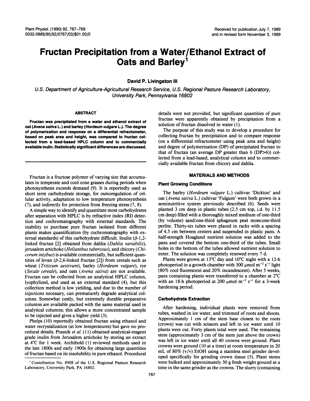 Fructan Precipitation from a Water/Ethanol Extract of Oats and Barley1