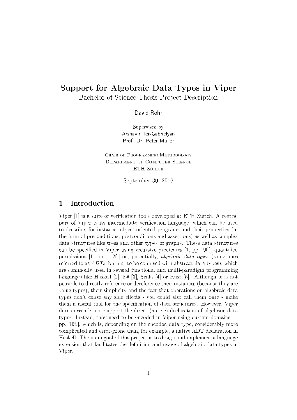 Support for Algebraic Data Types in Viper Bachelor of Science Thesis Project Description
