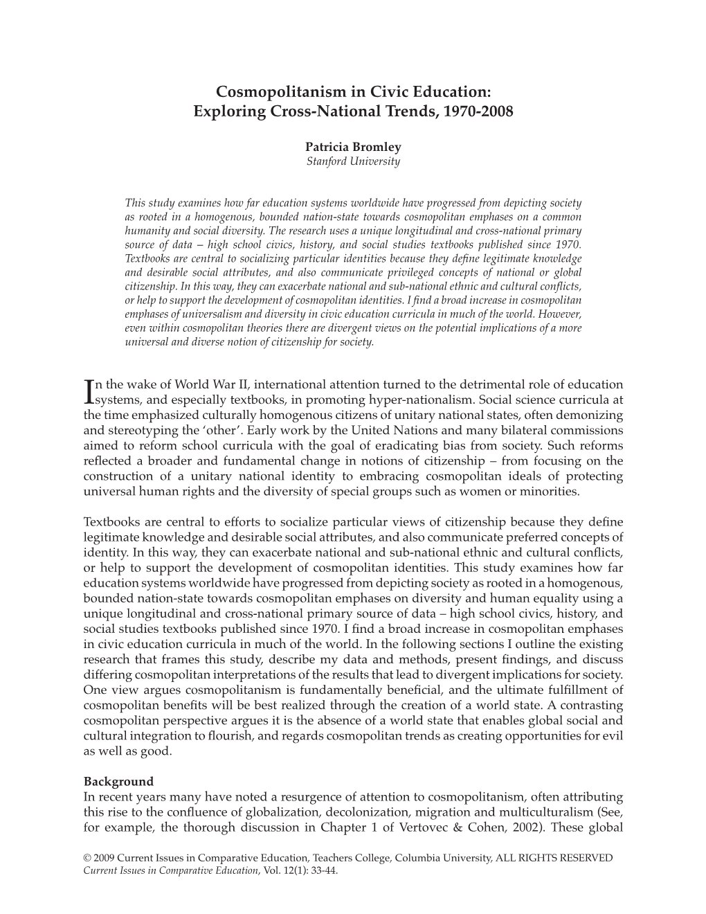 Cosmopolitanism in Civic Education: Exploring Cross-National Trends, 1970-2008