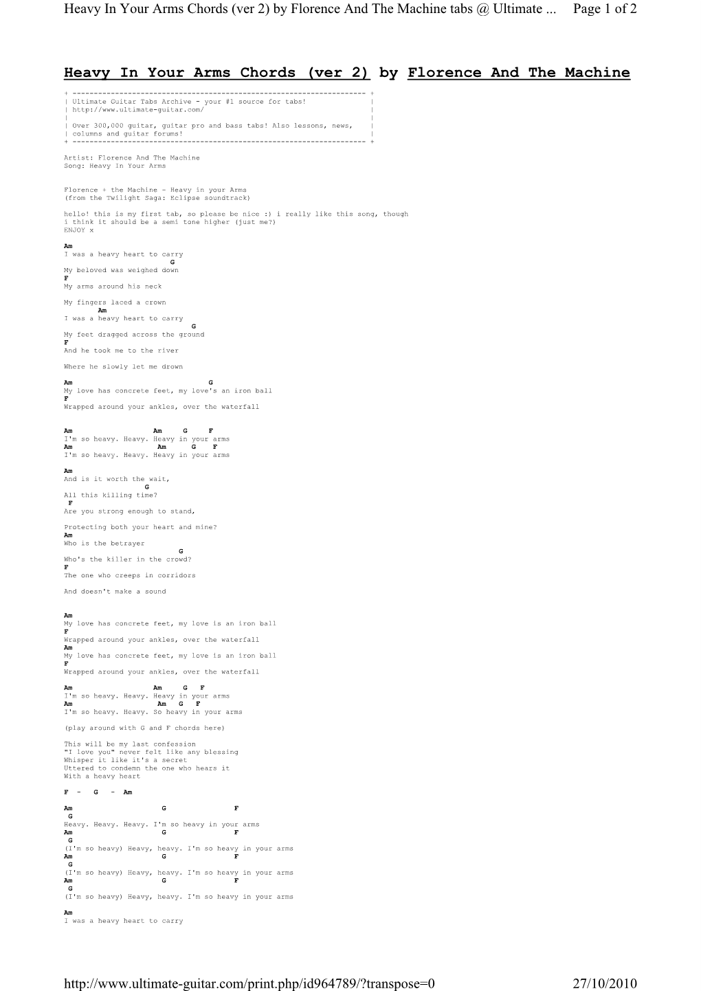 Heavy in Your Arms Chords (Ver 2) by Florence and the Machine Tabs @ Ultimate