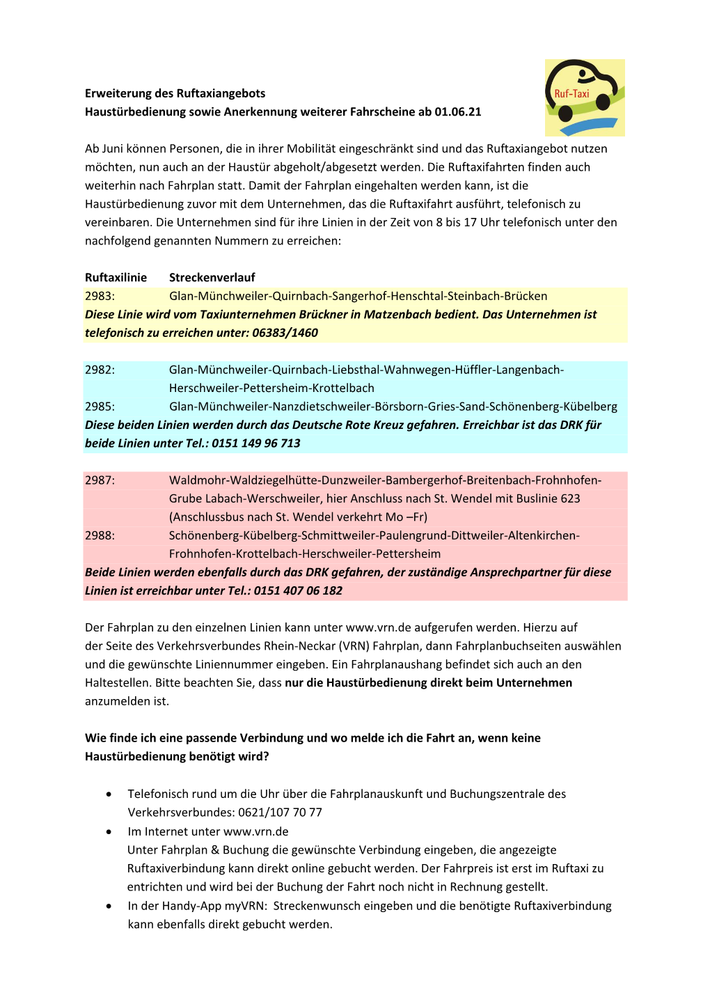 Erweiterung Des Ruftaxiangebots Haustürbedienung Sowie Anerkennung Weiterer Fahrscheine Ab 01.06.21