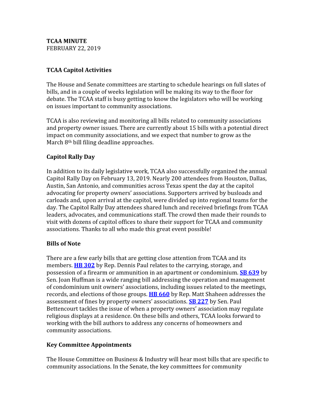 TCAA MINUTE FEBRUARY 22, 2019 TCAA Capitol Activities the House and Senate Committees Are Starting to Schedule Hearings on Full