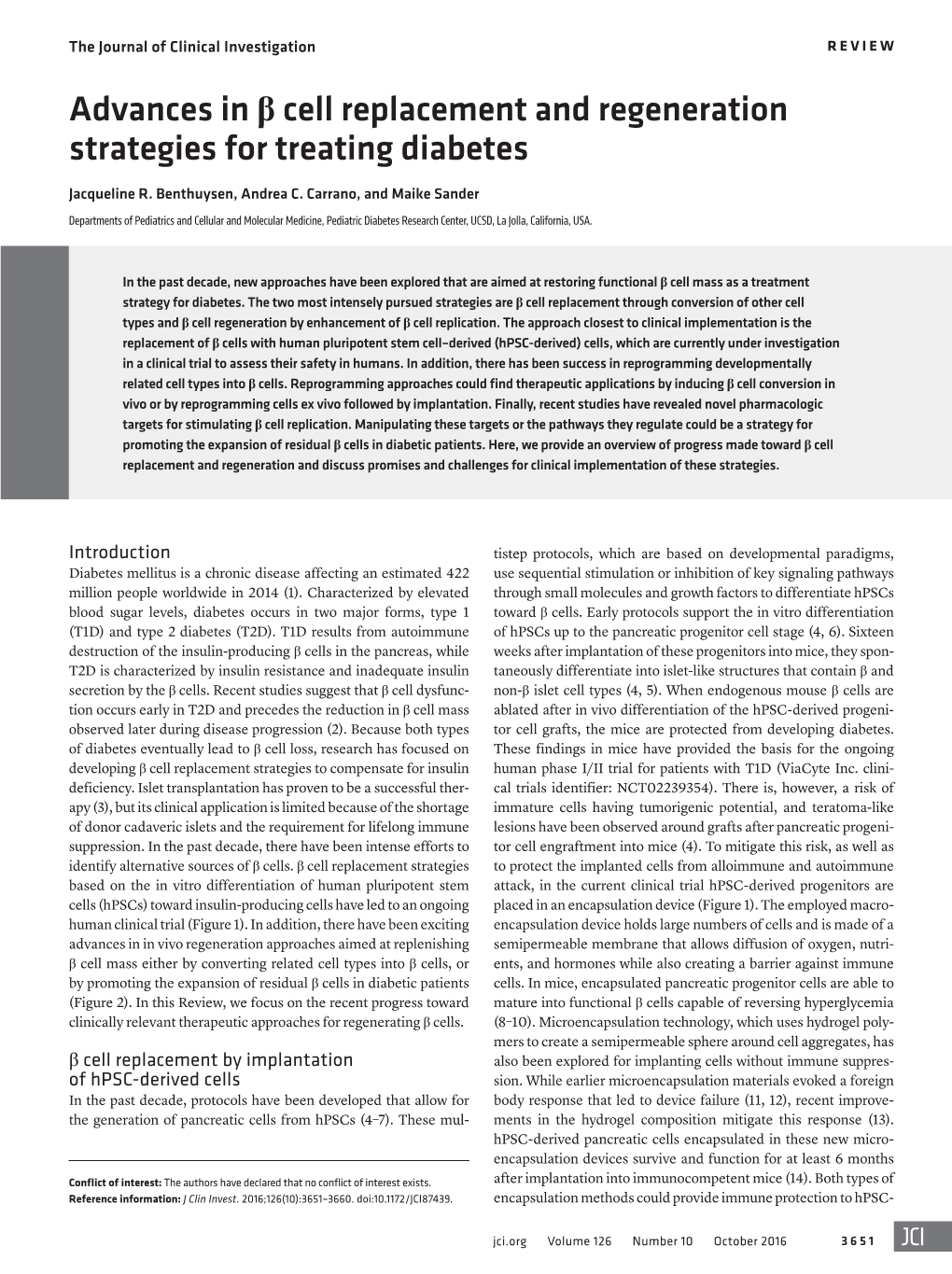 Advances in Β Cell Replacement and Regeneration Strategies for Treating Diabetes