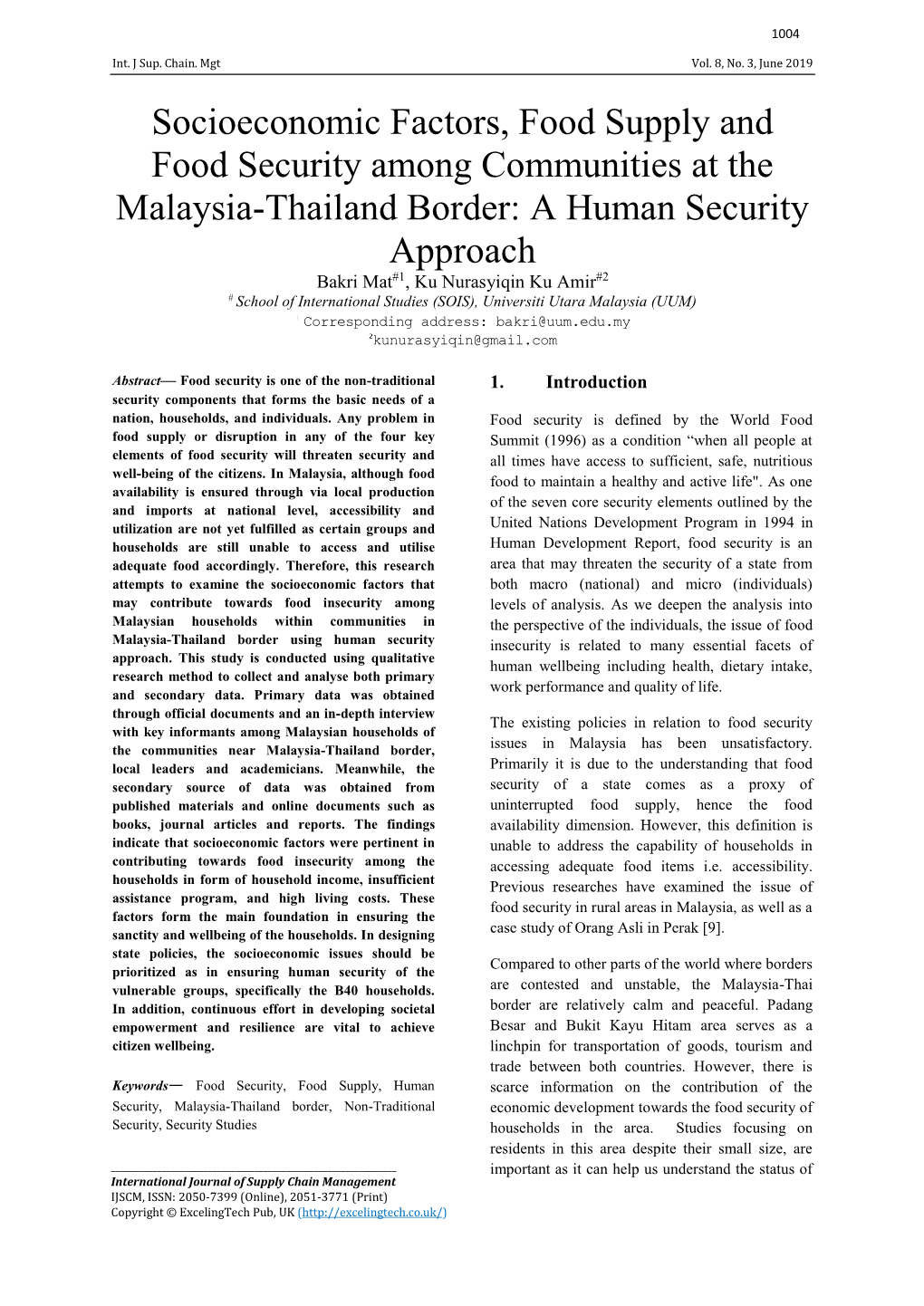 Socioeconomic Factors, Food Supply and Food Security