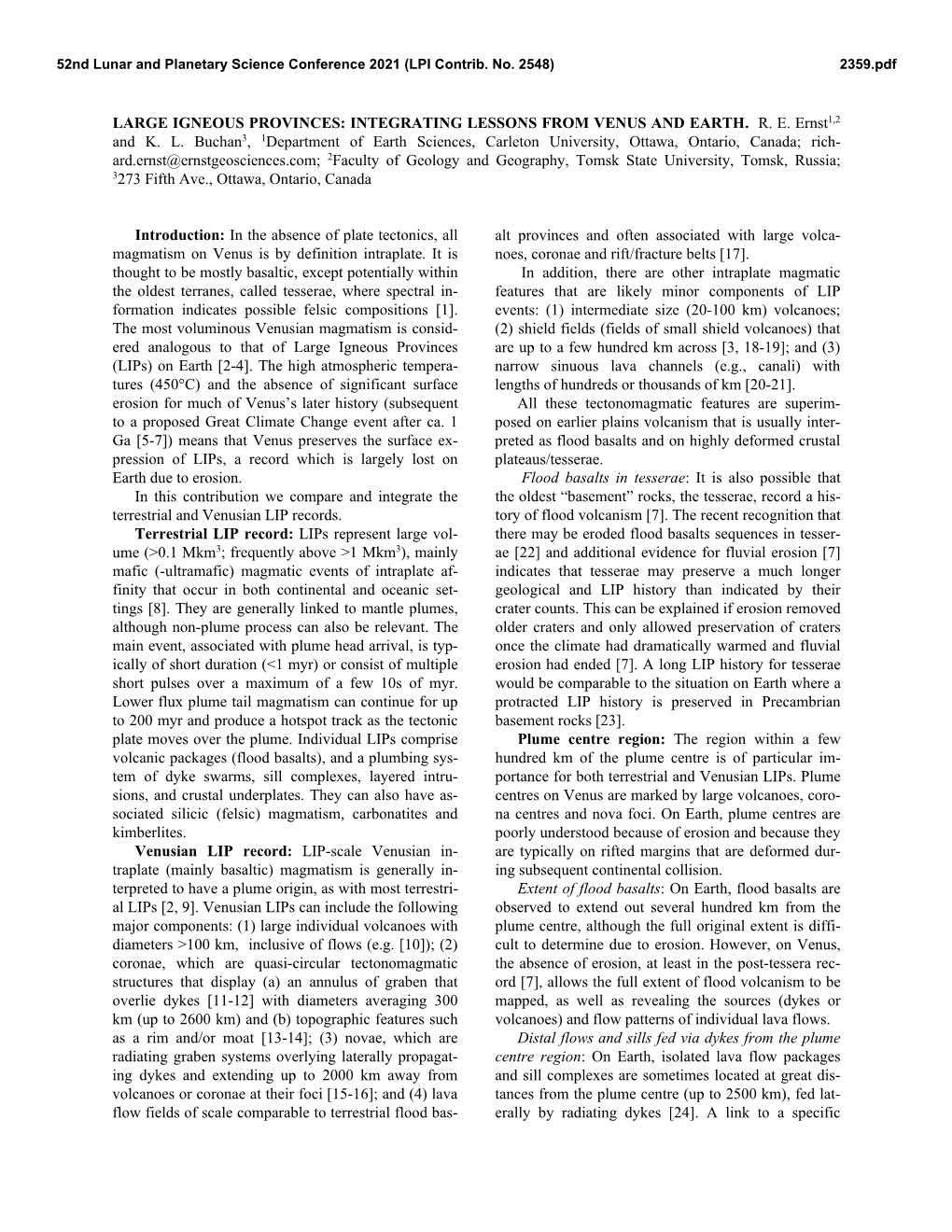 Large Igneous Provinces: Integrating Lessons from Venus and Earth