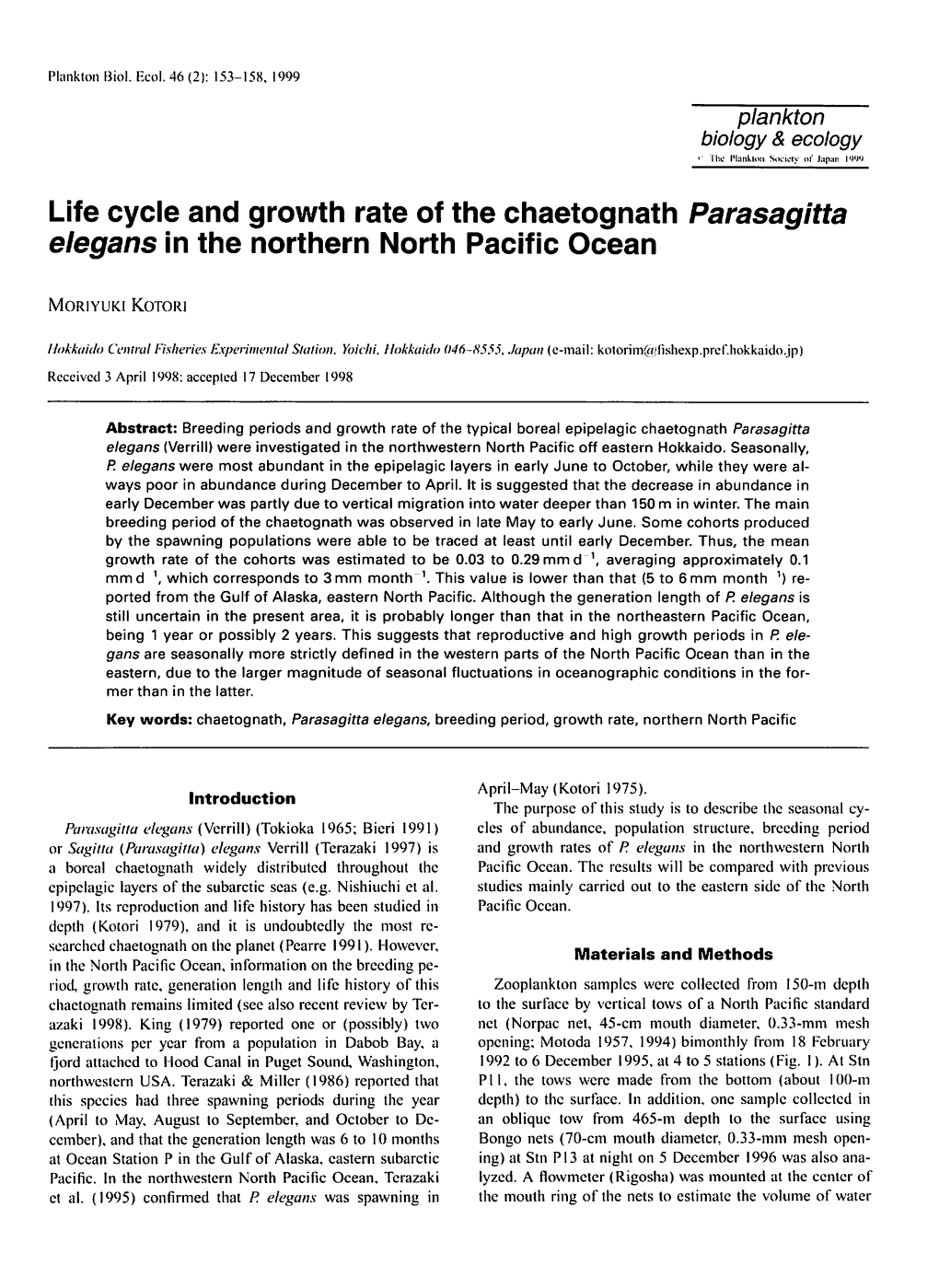 Life Cycle and Growth Rate of the Chaetognath Parasagitta Elegans in the Northern North Pacific Ocean