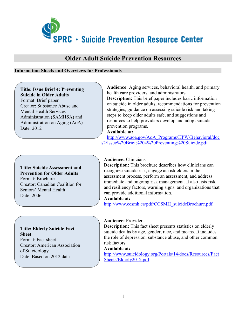 Older Adult Suicide Prevention Resources