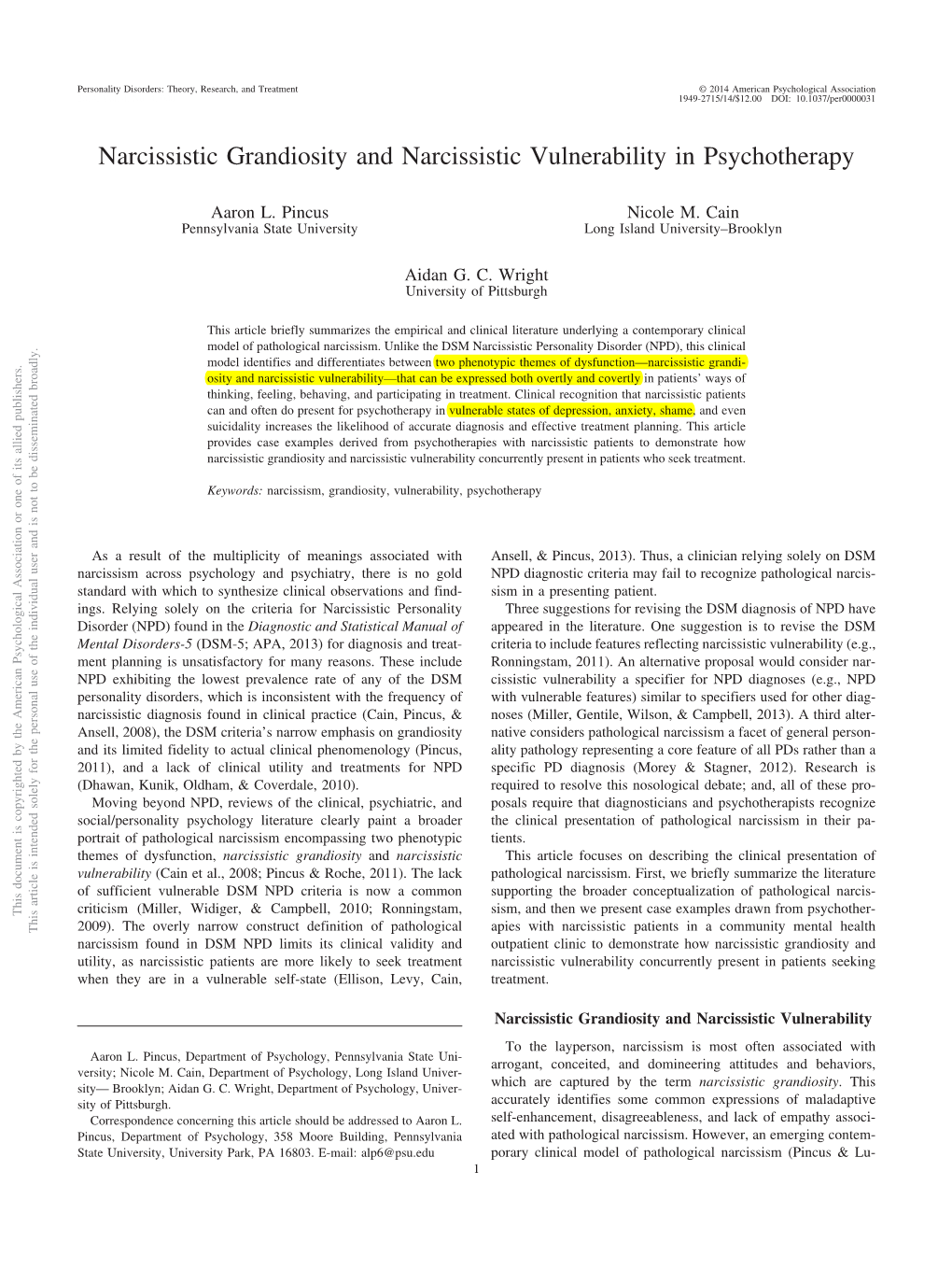 Narcissistic Grandiosity and Vulnerability in Psychotherapy.Pdf