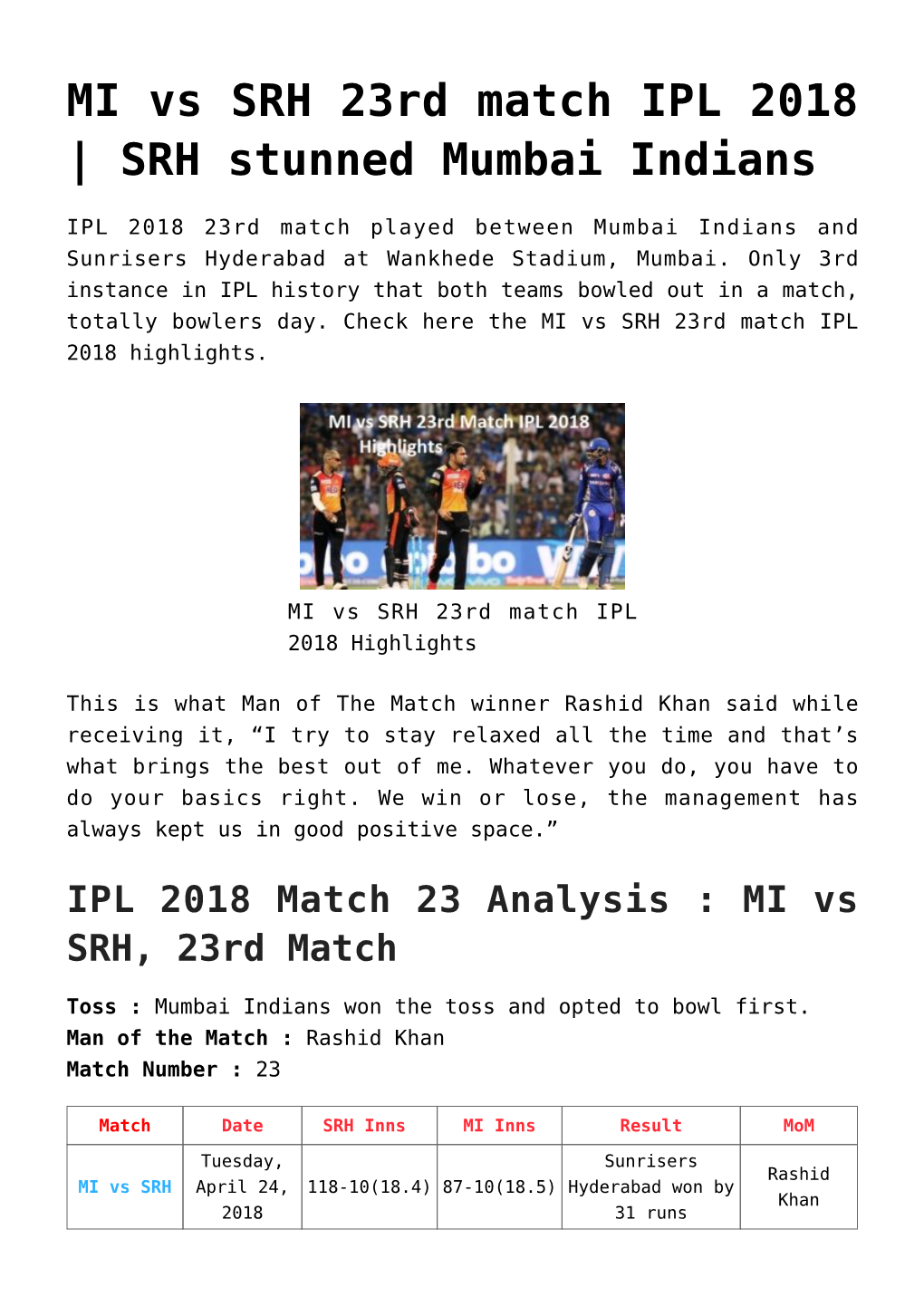 MI Vs SRH 23Rd Match IPL 2018 | SRH Stunned Mumbai Indians