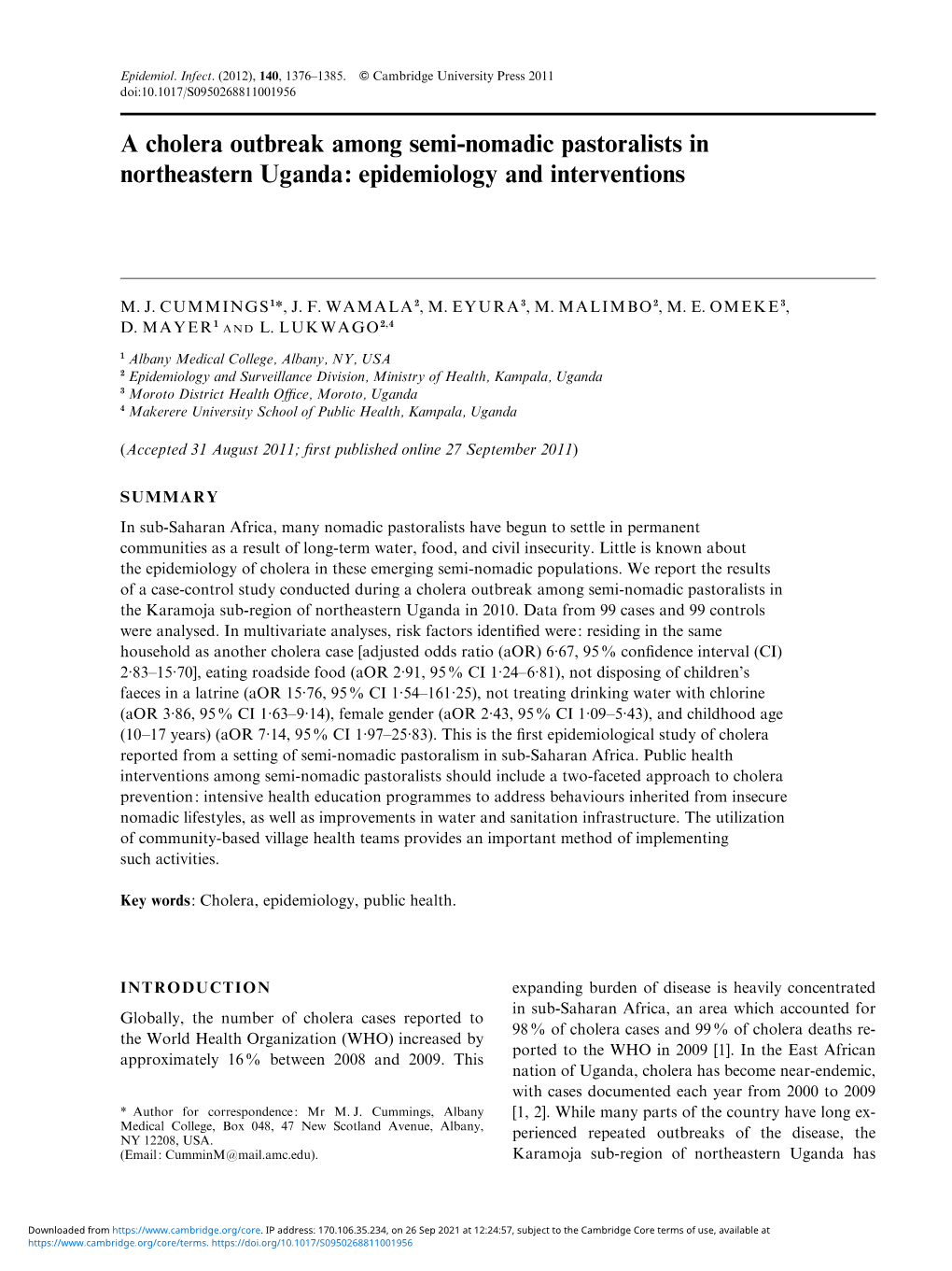 A Cholera Outbreak Among Semi-Nomadic Pastoralists in Northeastern Uganda: Epidemiology and Interventions