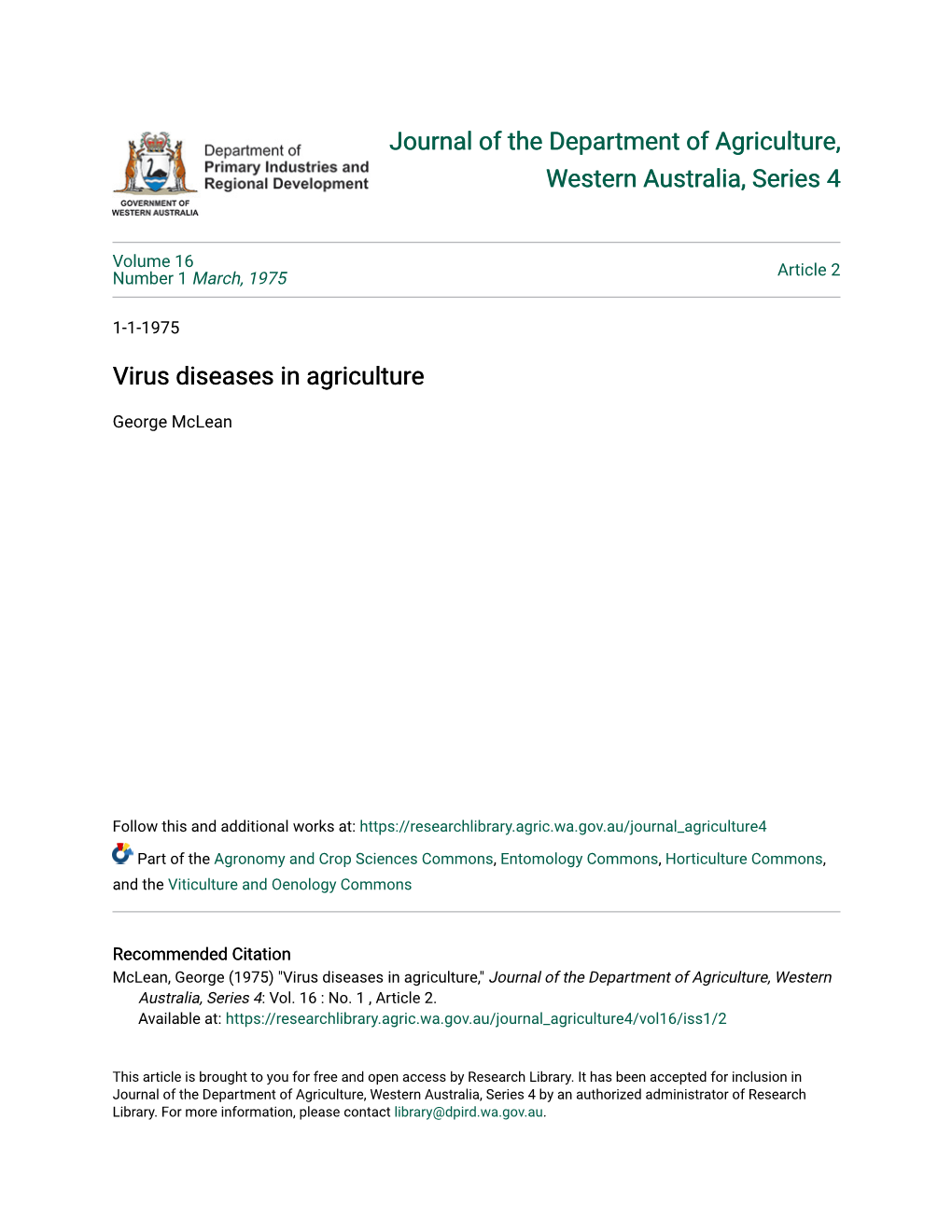 Virus Diseases in Agriculture