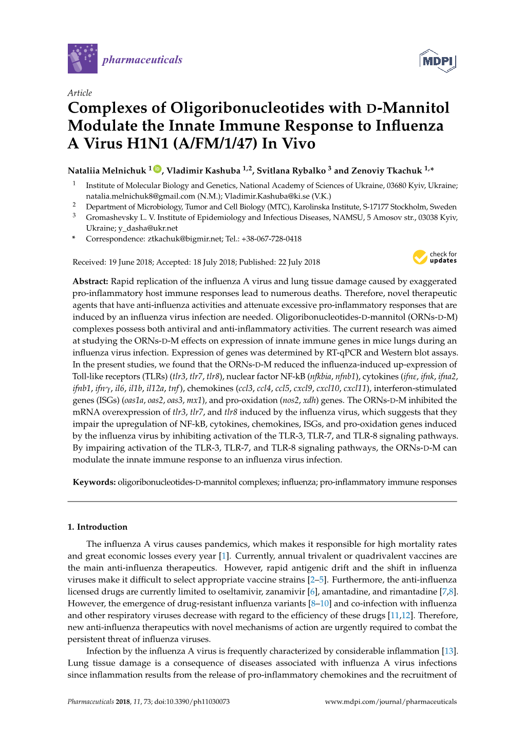 Complexes of Oligoribonucleotides with D-Mannitol Modulate the Innate Immune Response to Influenza a Virus H1N1
