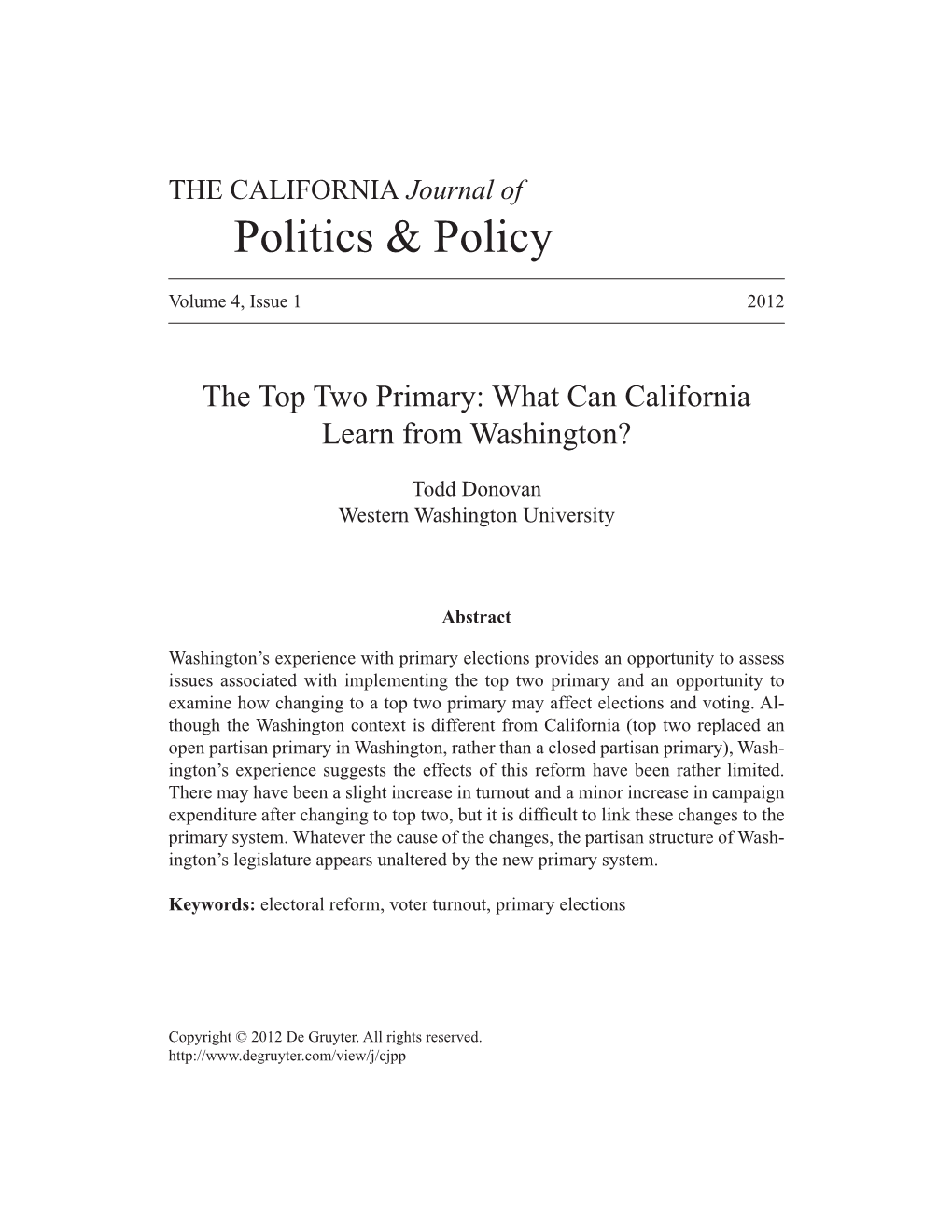 The Top Two Primary: What Can California Learn from Washington?