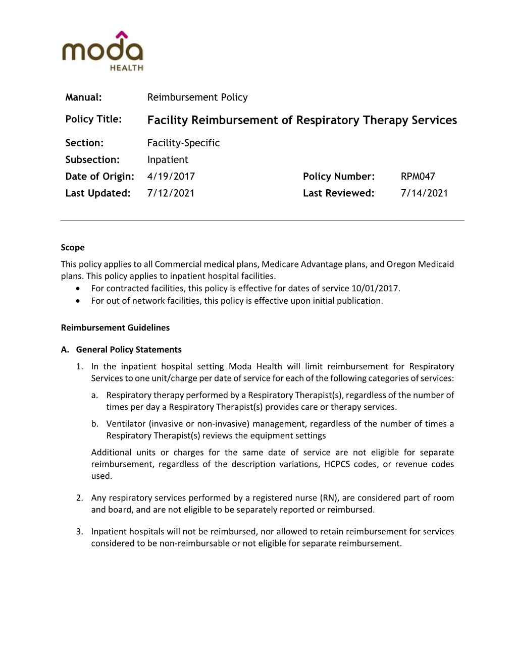 Facility Reimbursement of Respiratory Therapy Services