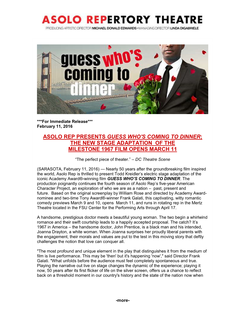 Asolo Rep Presents Guess Who's Coming to Dinner; the New Stage Adaptation of the Milestone 1967 Film Opens March 11