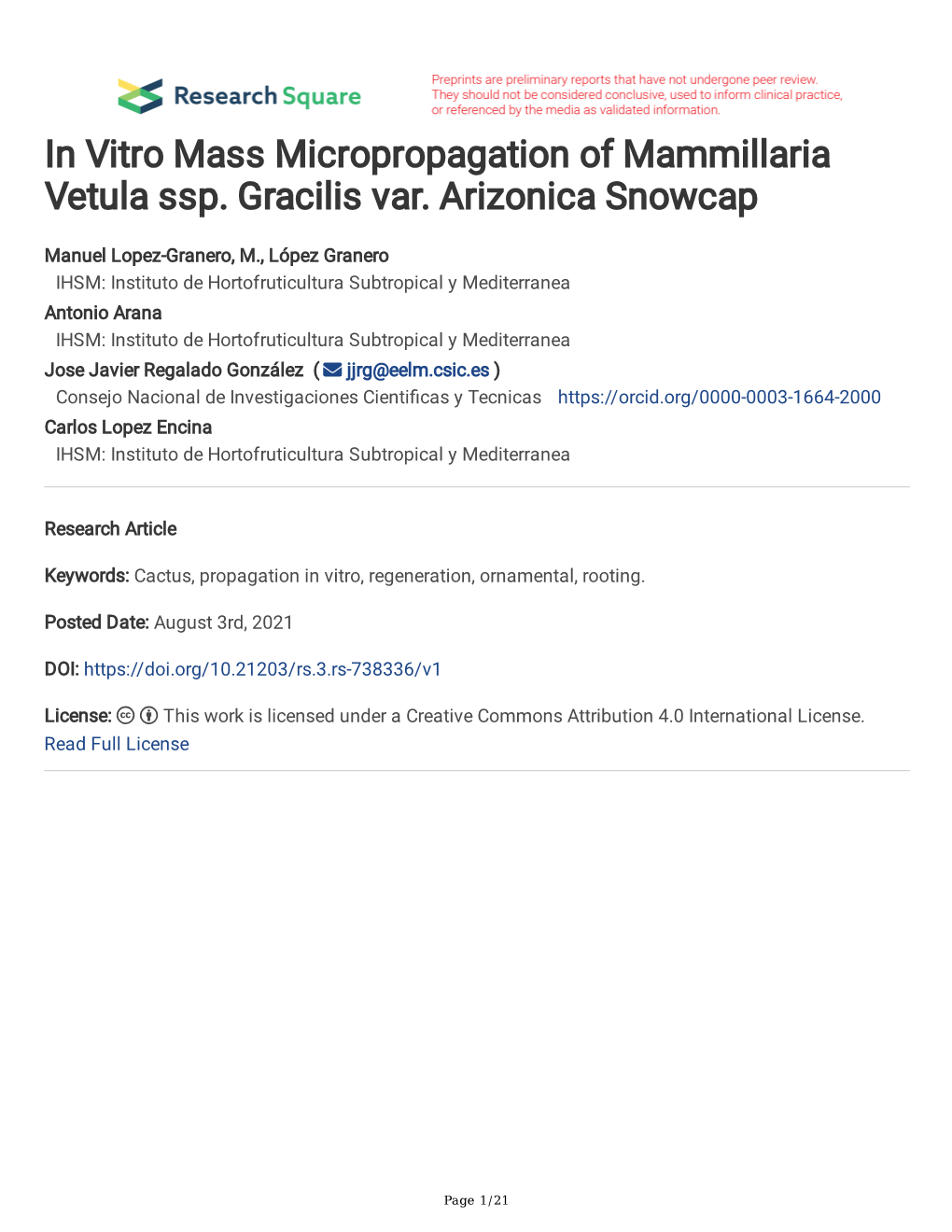 In Vitro Mass Micropropagation of Mammillaria Vetula Ssp. Gracilis Var