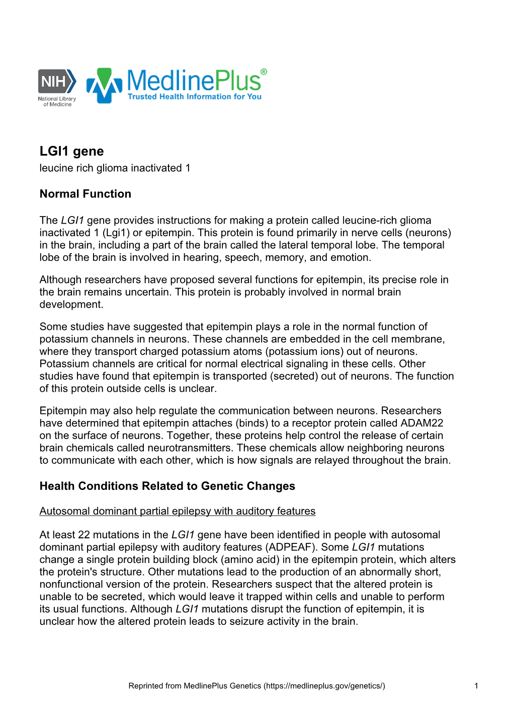 LGI1 Gene Leucine Rich Glioma Inactivated 1