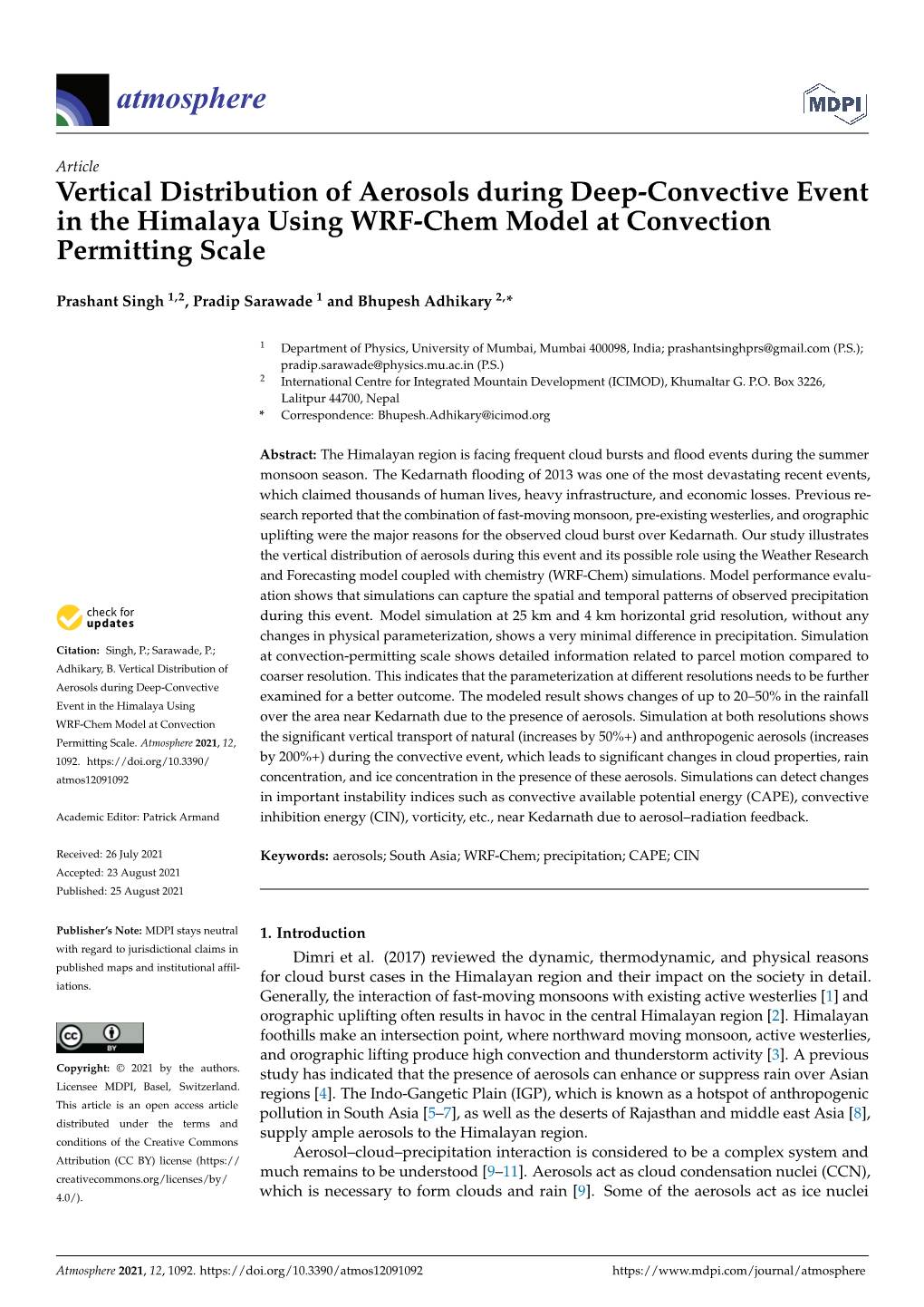 Vertical Distribution of Aerosols During Deep-Convective Event in the Himalaya Using WRF-Chem Model at Convection Permitting Scale