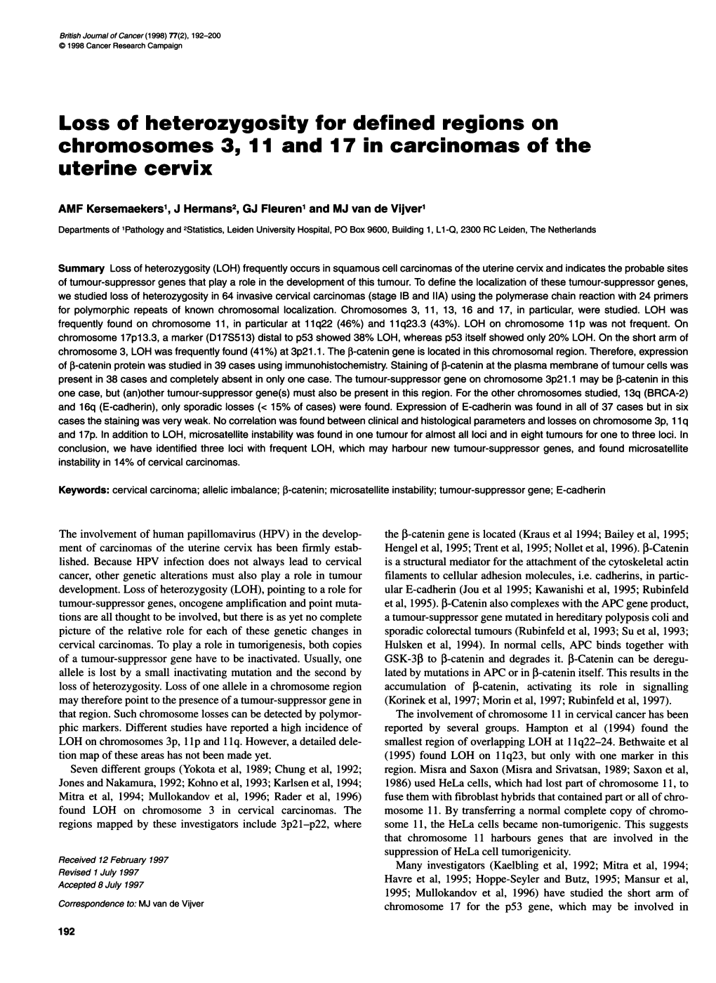 Loss of Heterozygosity for Defined Regions on Uterine Cervix