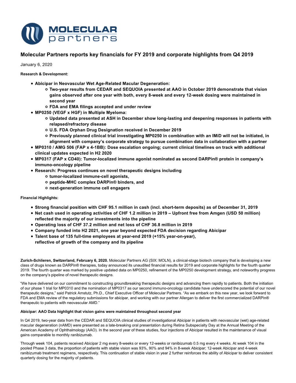 Molecular Partners Reports Key Financials for FY 2019 and Corporate Highlights from Q4 2019