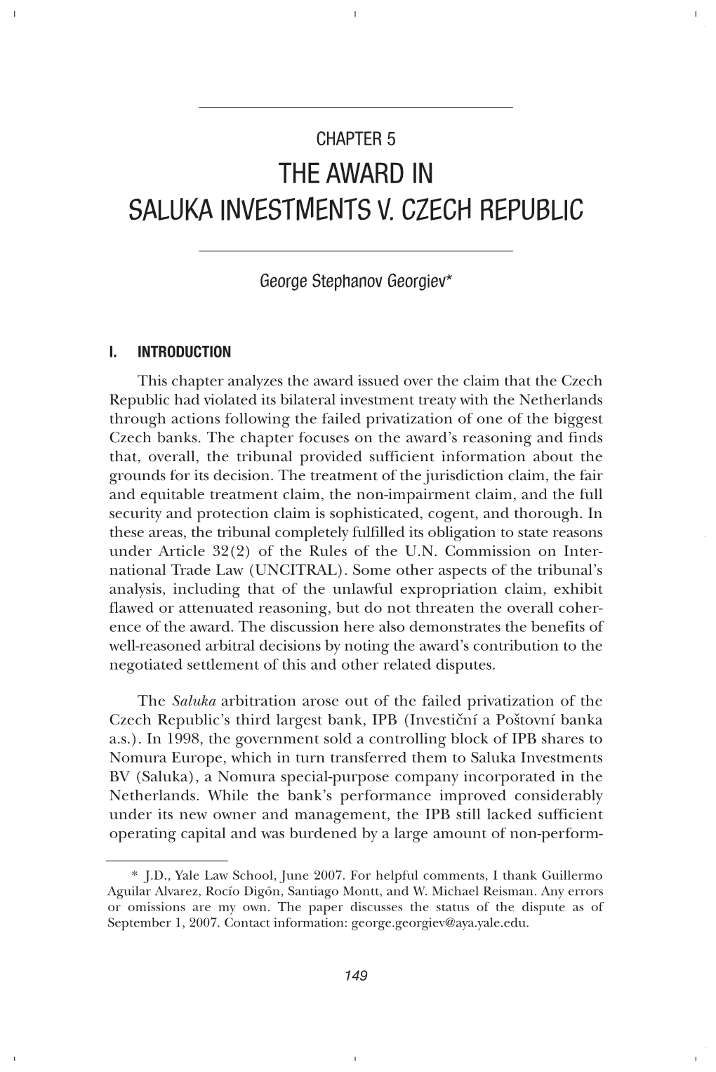 The Award in Saluka Investments V. Czech Republic