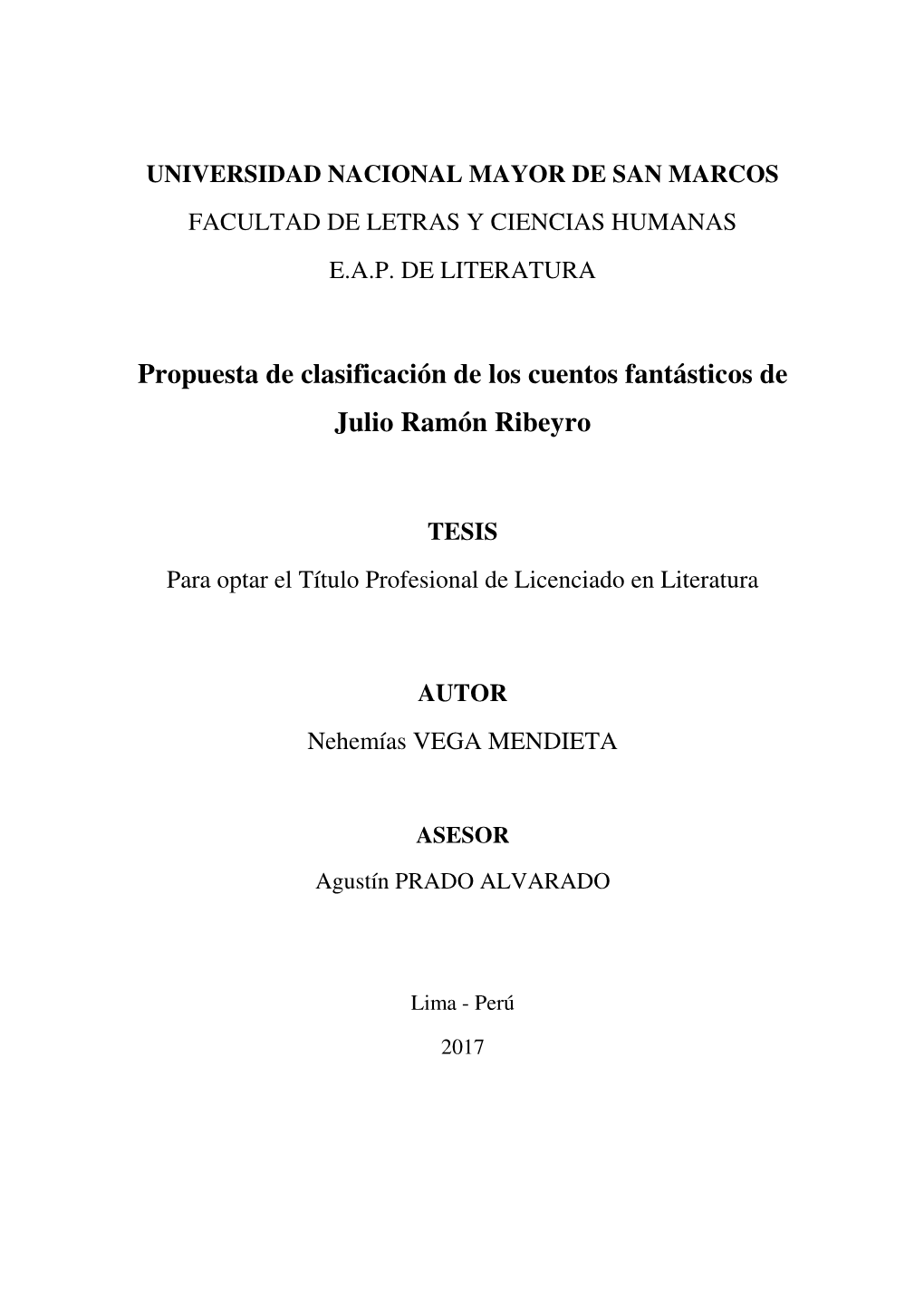 Propuesta De Clasificación De Los Cuentos Fantásticos De Julio Ramón Ribeyro