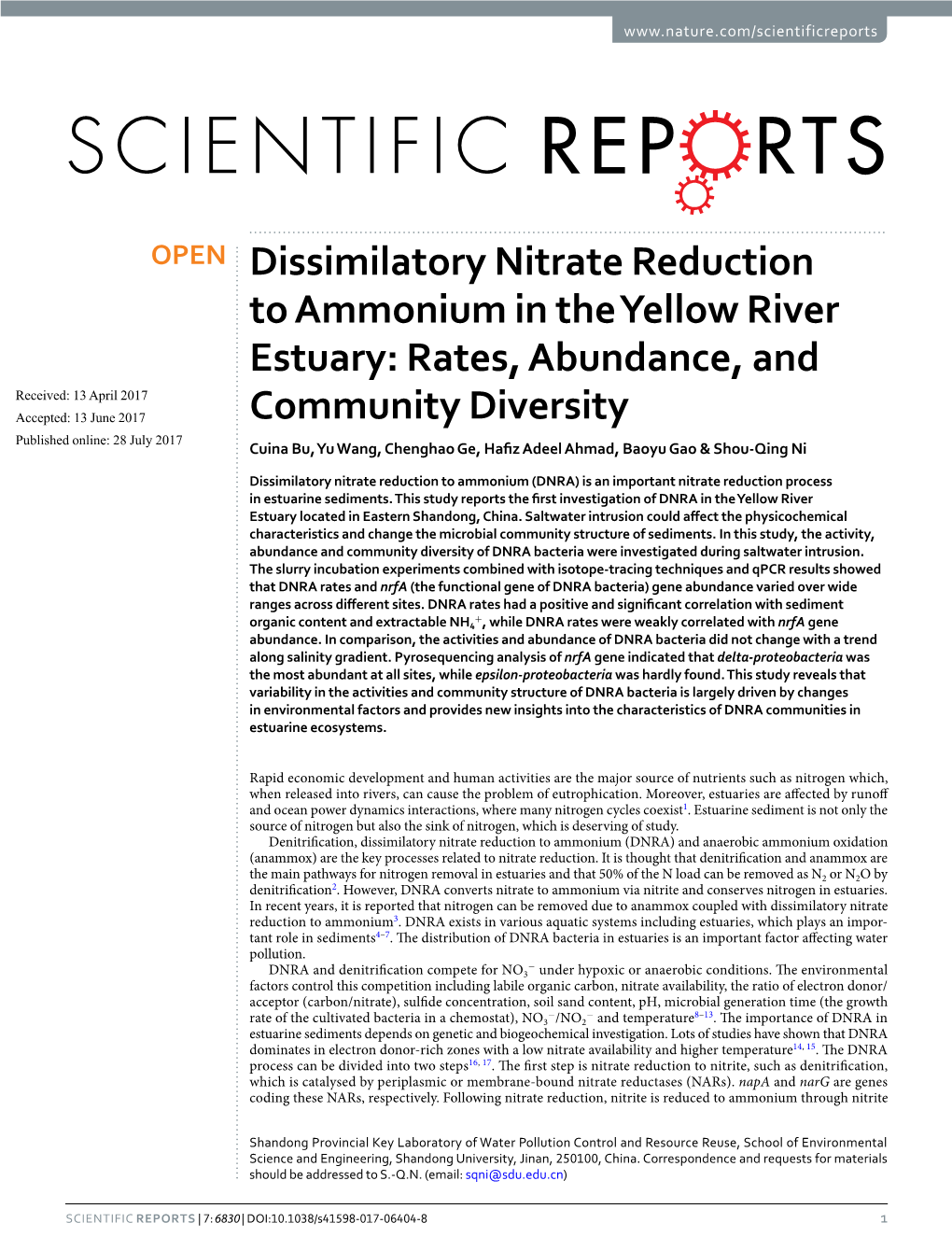 Dissimilatory Nitrate Reduction to Ammonium in the Yellow River