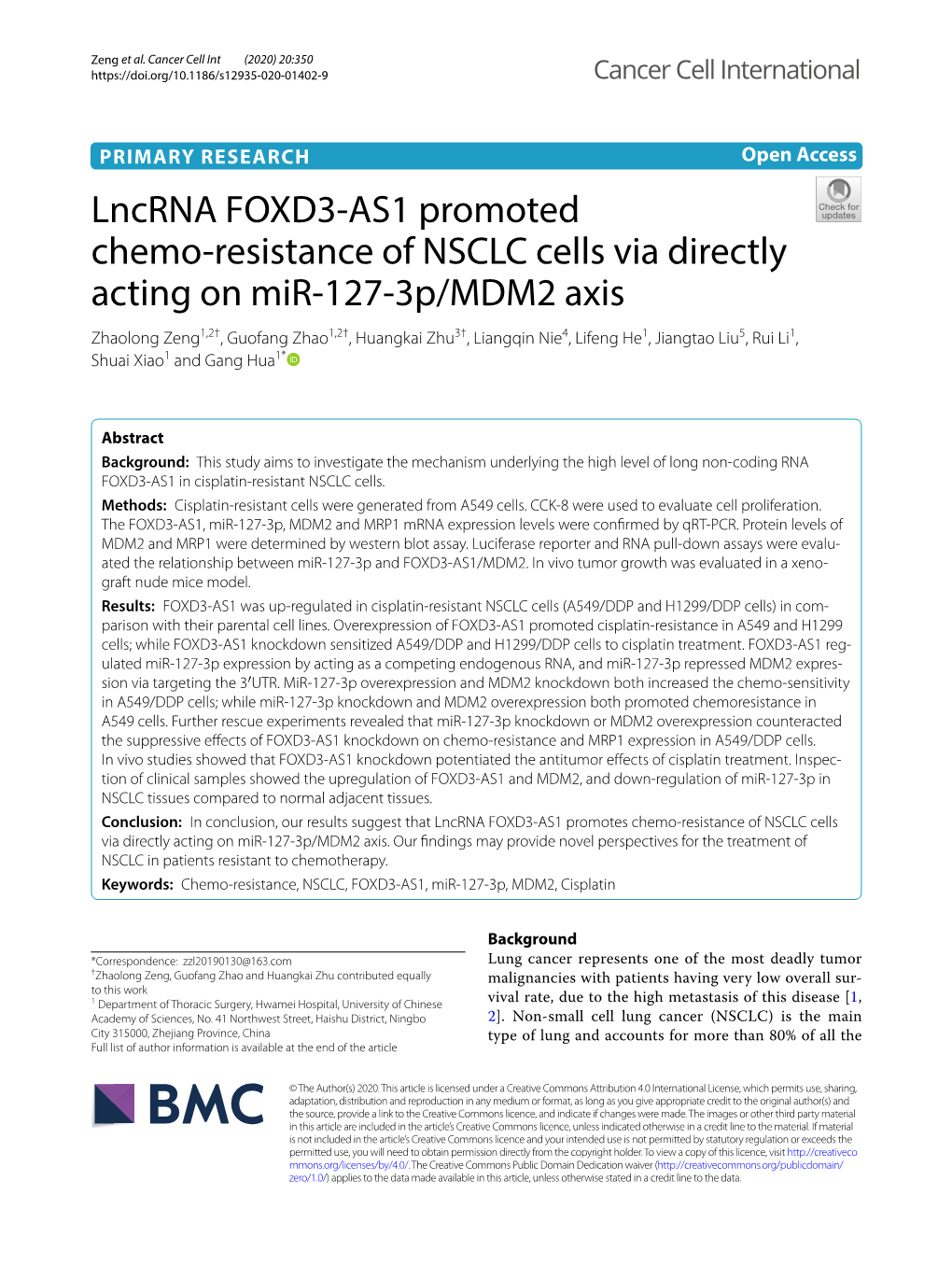 Lncrna FOXD3-AS1 Promoted Chemo-Resistance of NSCLC Cells