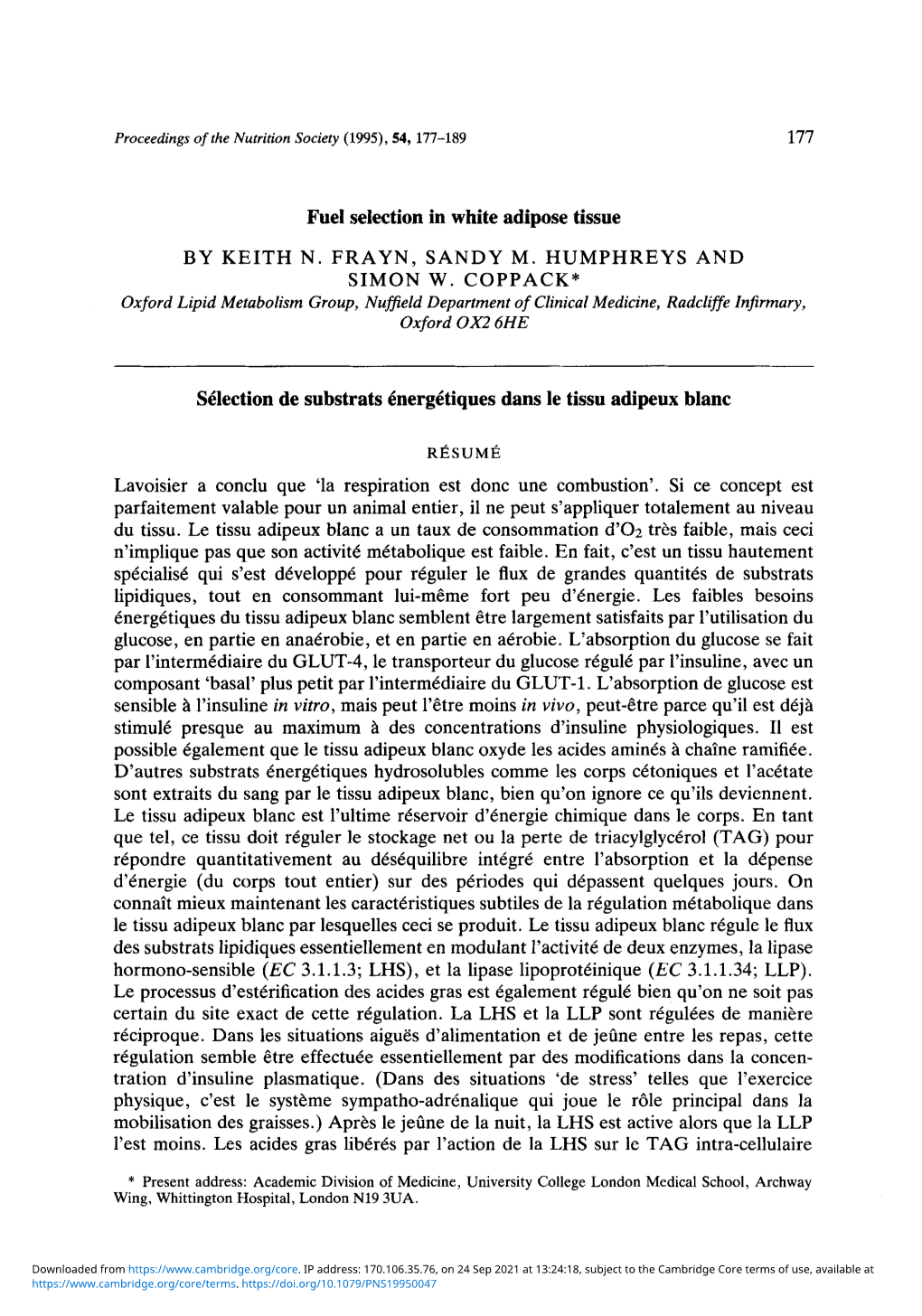 Fuel Selection in White Adipose Tissue