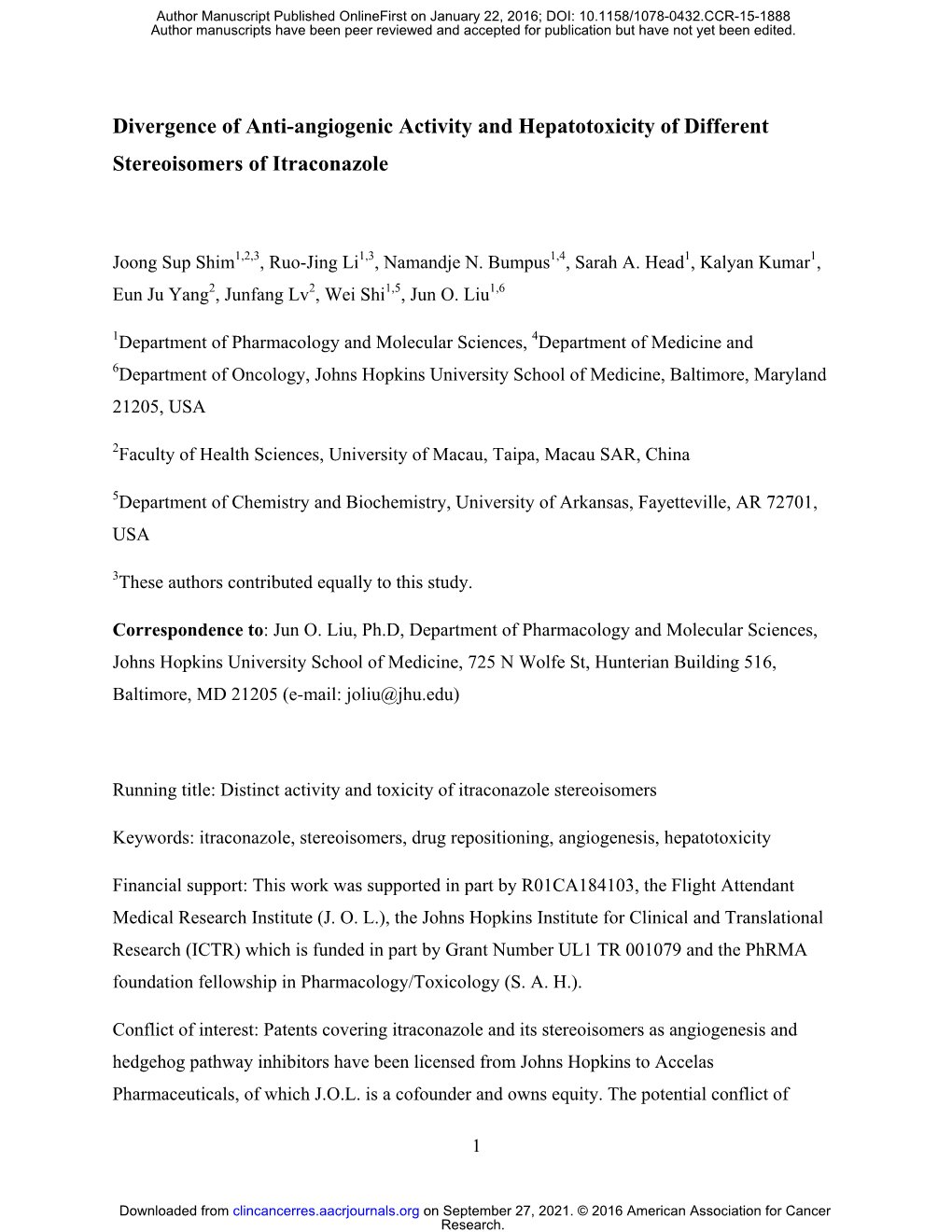 Divergence of Anti-Angiogenic Activity and Hepatotoxicity of Different Stereoisomers of Itraconazole