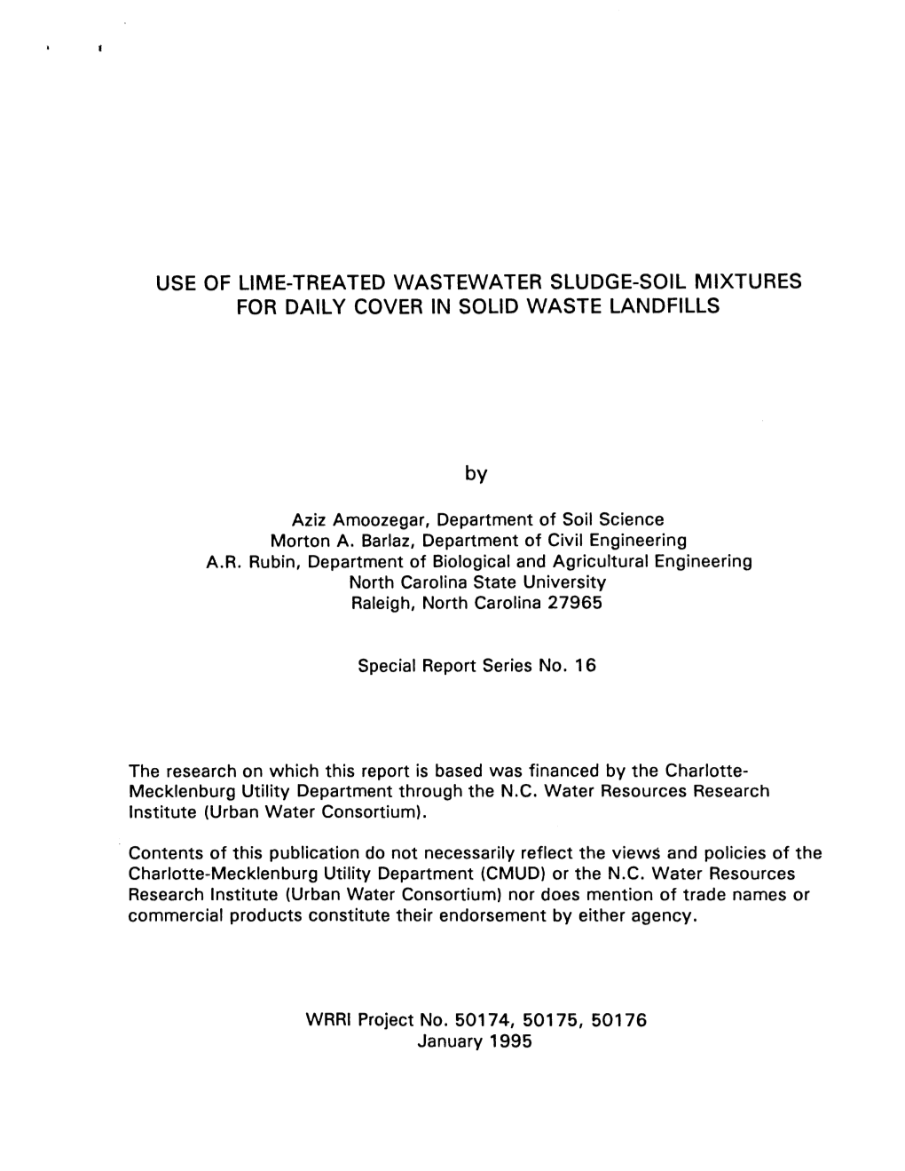 Use of Lime-Treated Wastewater Sludge-Soil Mixtures for Daily Cover in Solid Waste Landfills