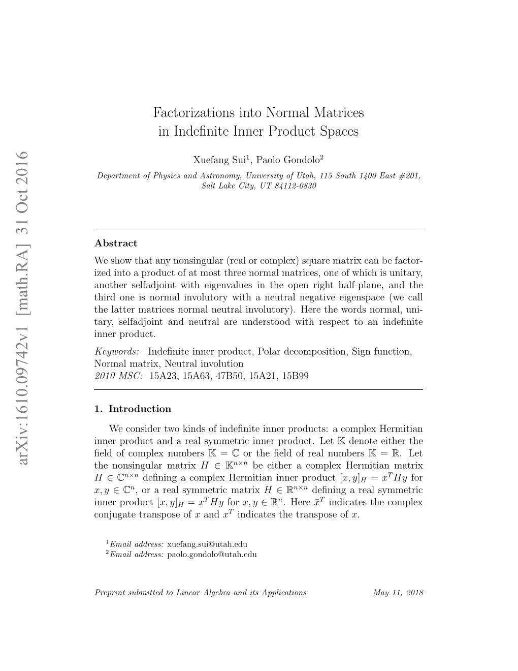 Factorizations Into Normal Matrices in Indefinite Inner Product Spaces