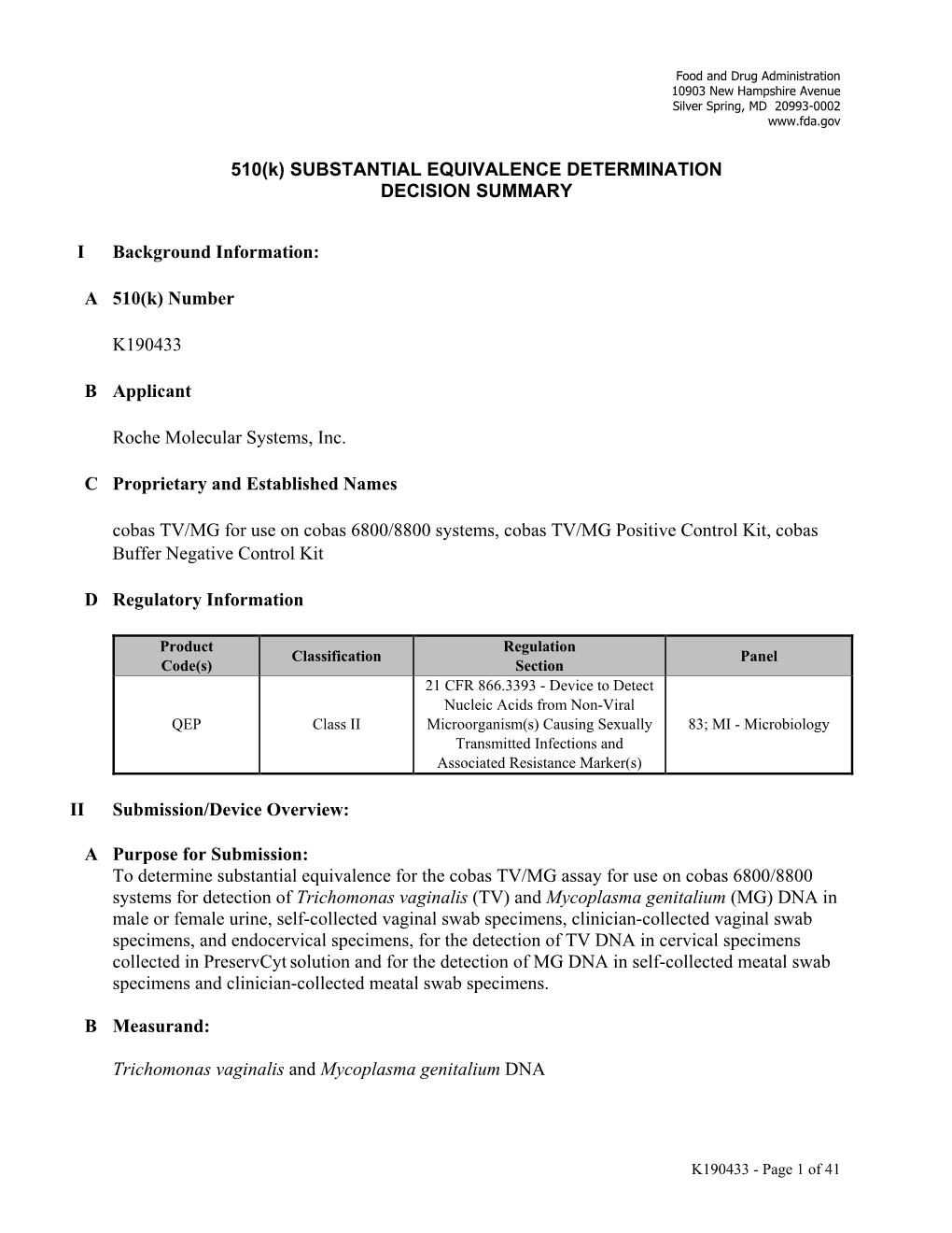 Number K190433 B Applicant Roch