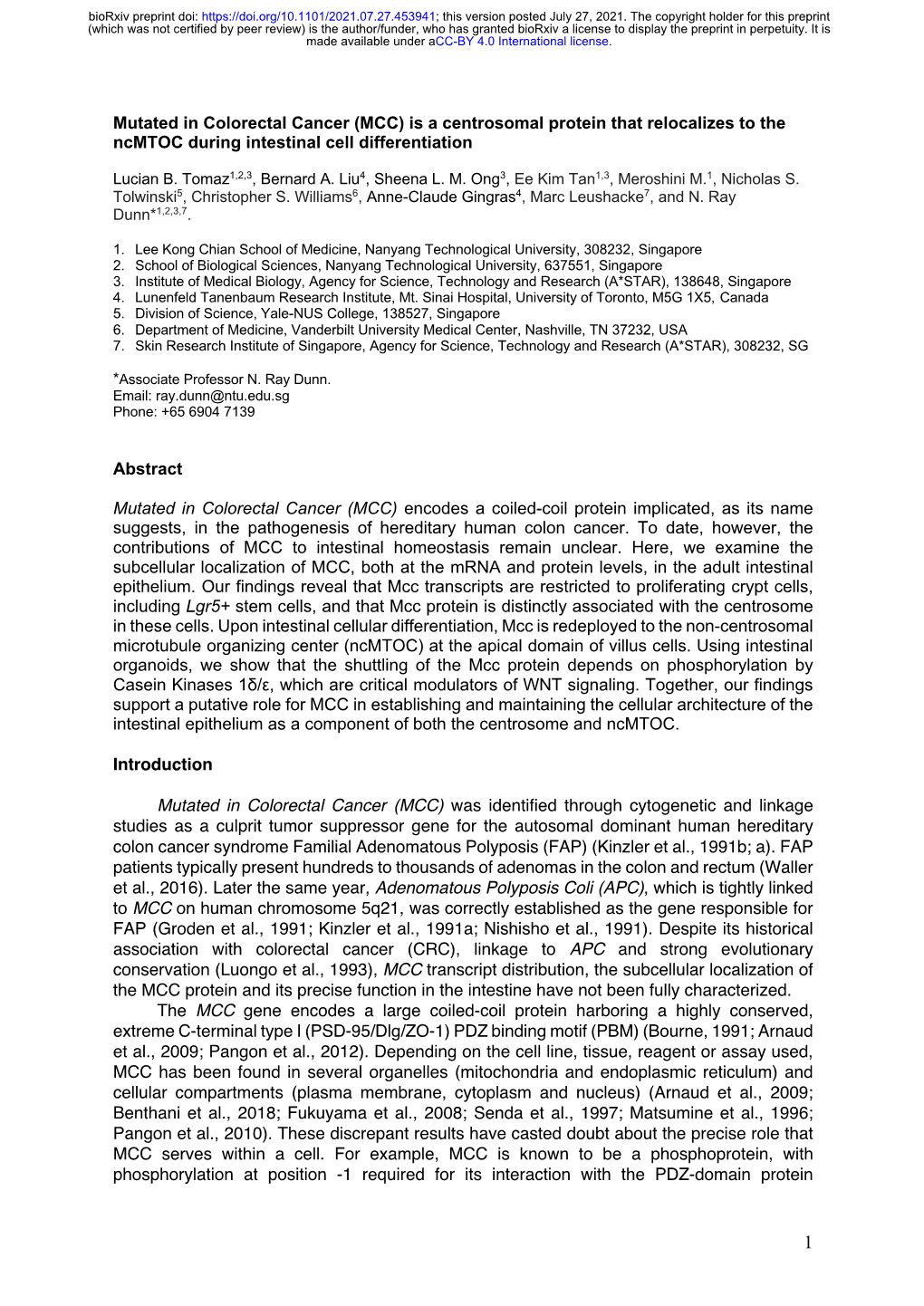 (MCC) Is a Centrosomal Protein That Relocalizes to the Ncmtoc During Intestinal Cell Differentiation