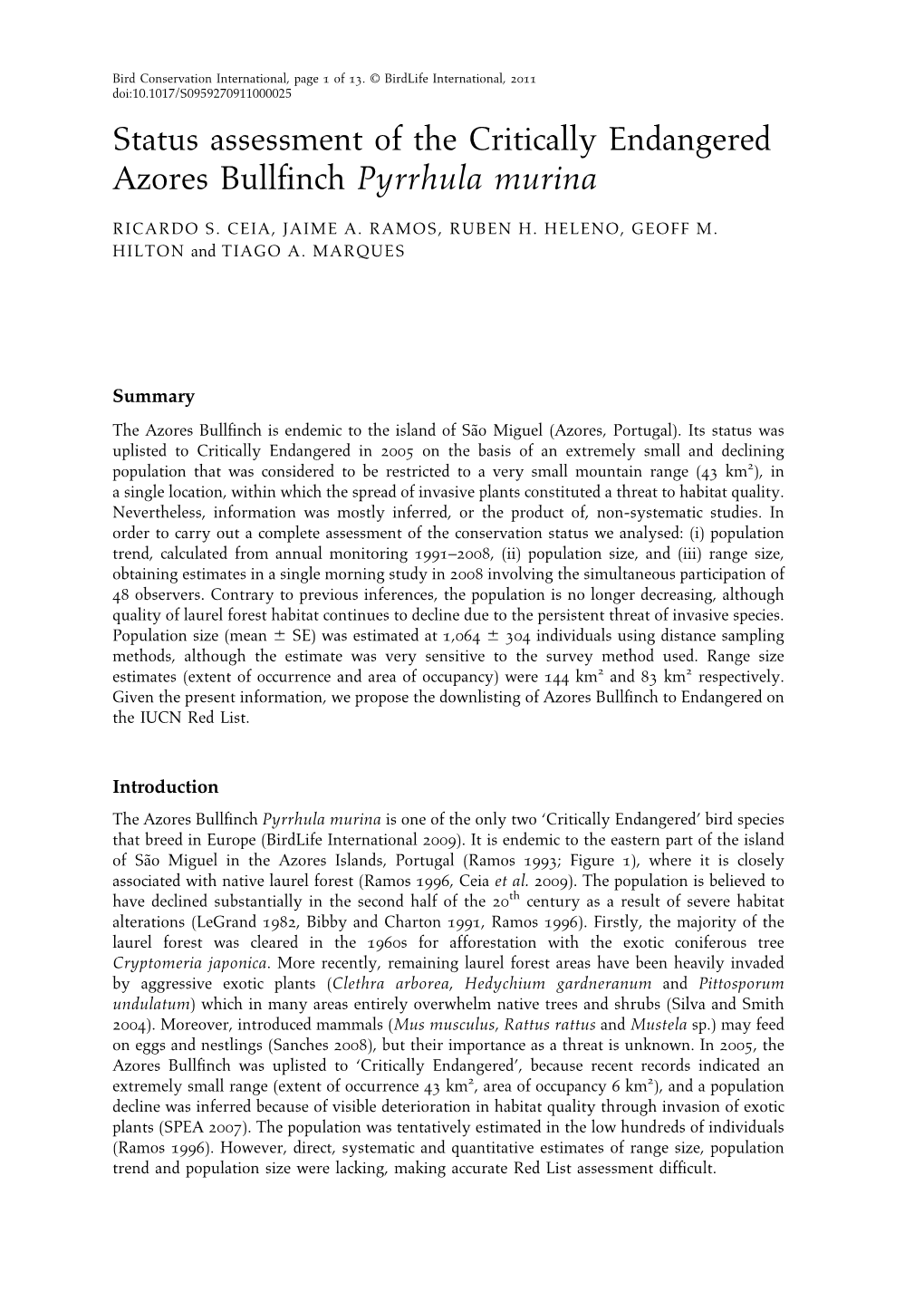 Status Assessment of the Critically Endangered Azores Bullfinch Pyrrhula Murina