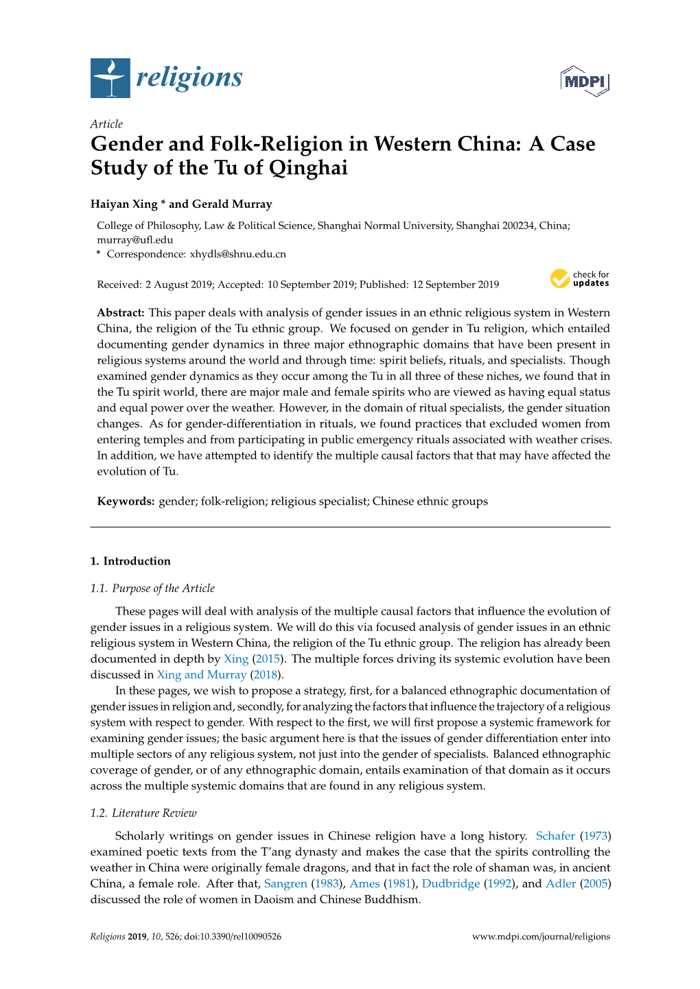 Gender and Folk-Religion in Western China: a Case Study of the Tu of Qinghai